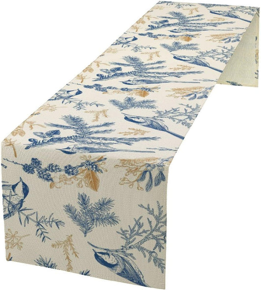 Floral Table Runner,Sketch Birds and Flowers Summer Table Runner Kitchen Dining Table Decoration for Home Party Decor 13x90 Inch
