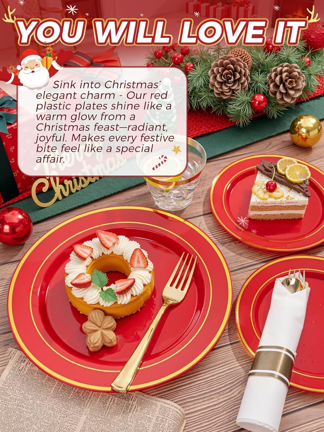 350Pieces Christmas Plates with Gold Plastic Silverware - Red Plastic Plates with Gold Rim Include 50Dinner Plate 10”, 50Dessert Plate 7”, 50 gold Cups 9 OZ, 50 Pre Rolled Napkins for Christmas/Party