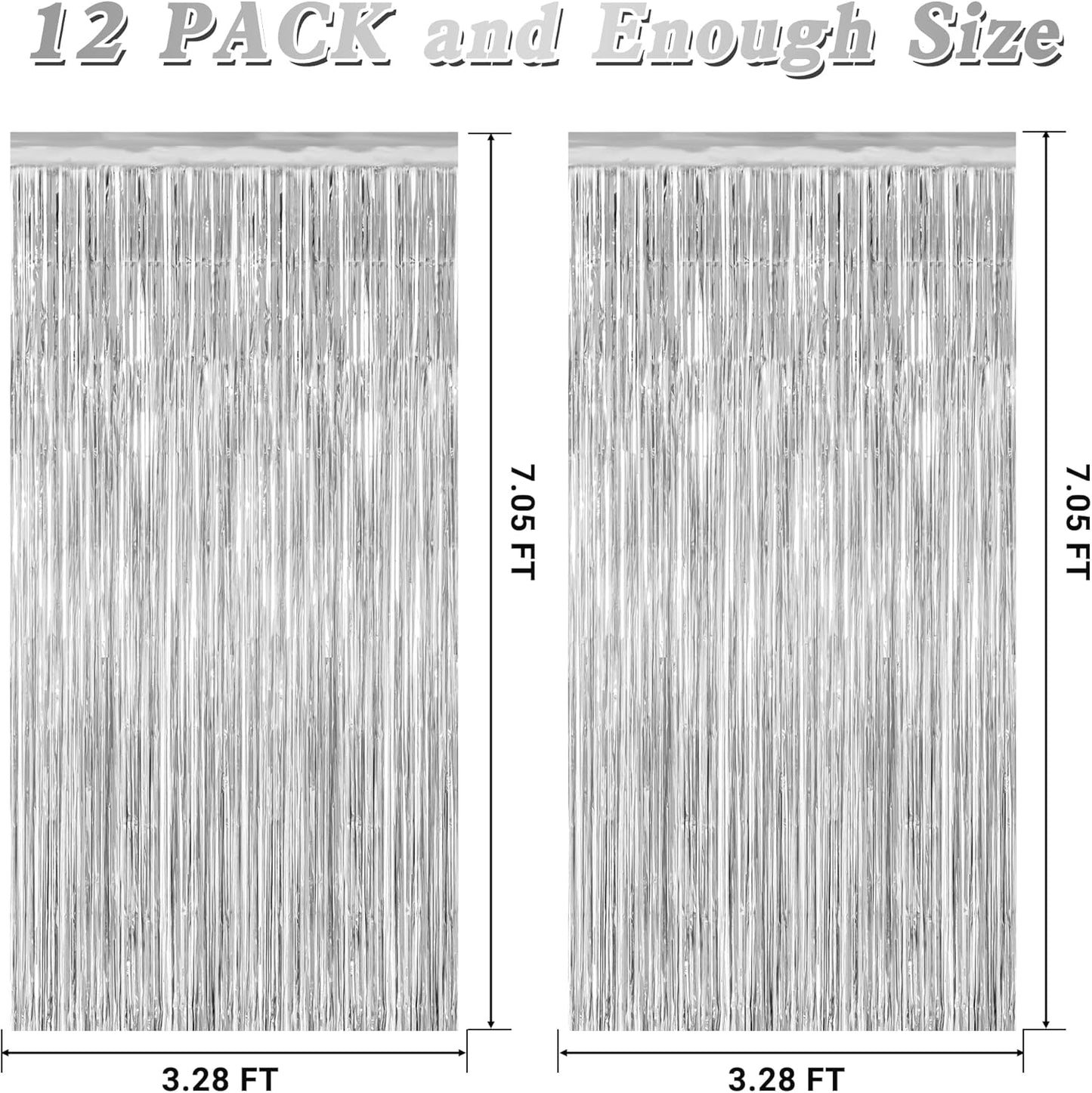 12 Pack Silver Backdrop. 3.28 FT x 7.05 FT Birthday Decorations, Metallic Silver Fringe Backdrop Foil Curtains Tinsel, Disco Party Decor Photo Booth Props Door Decorations Hanging