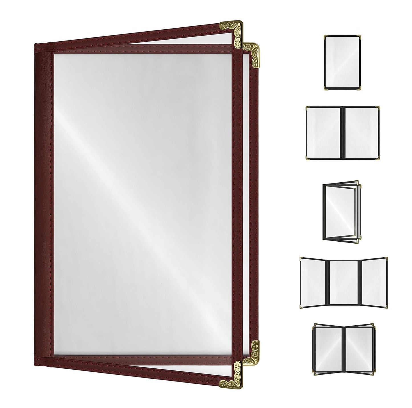 Goodsmart Restaurant Menu Covers – 25 Pack Burgundy 4-View, Side-Loading Menu Holders, Vinyl & Plastic Café Menu Covers, Clear Menu Sleeves, Fits 5.5" x 8.5", Leather-Style Design, Gold Corners