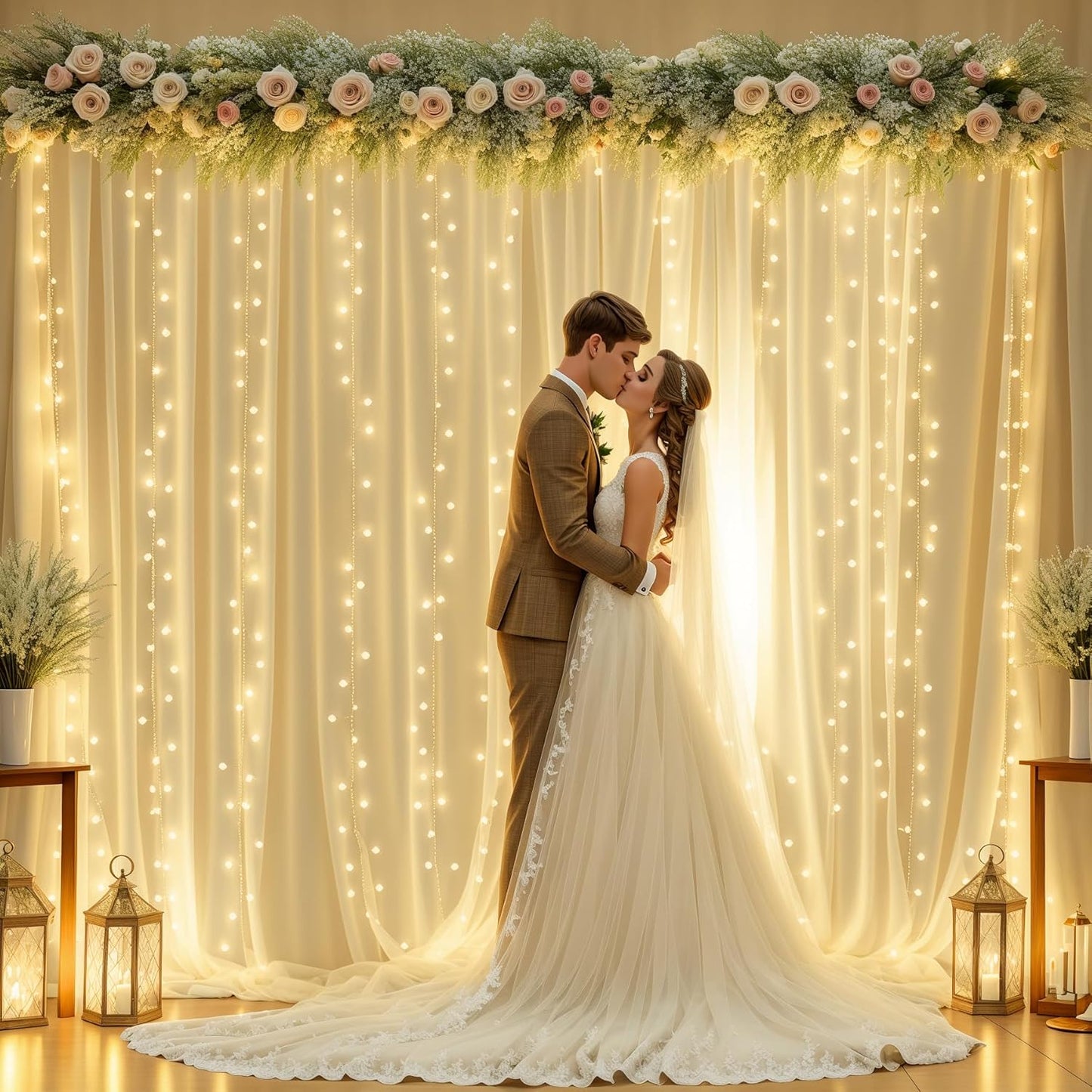 20x8ft Champagne Tulle Backdrop Curtains with Lights for Party Wedding Baby Shower, Sheer Drape Backdrop Curtains for Birthday Party Photo Booth Background Decoration