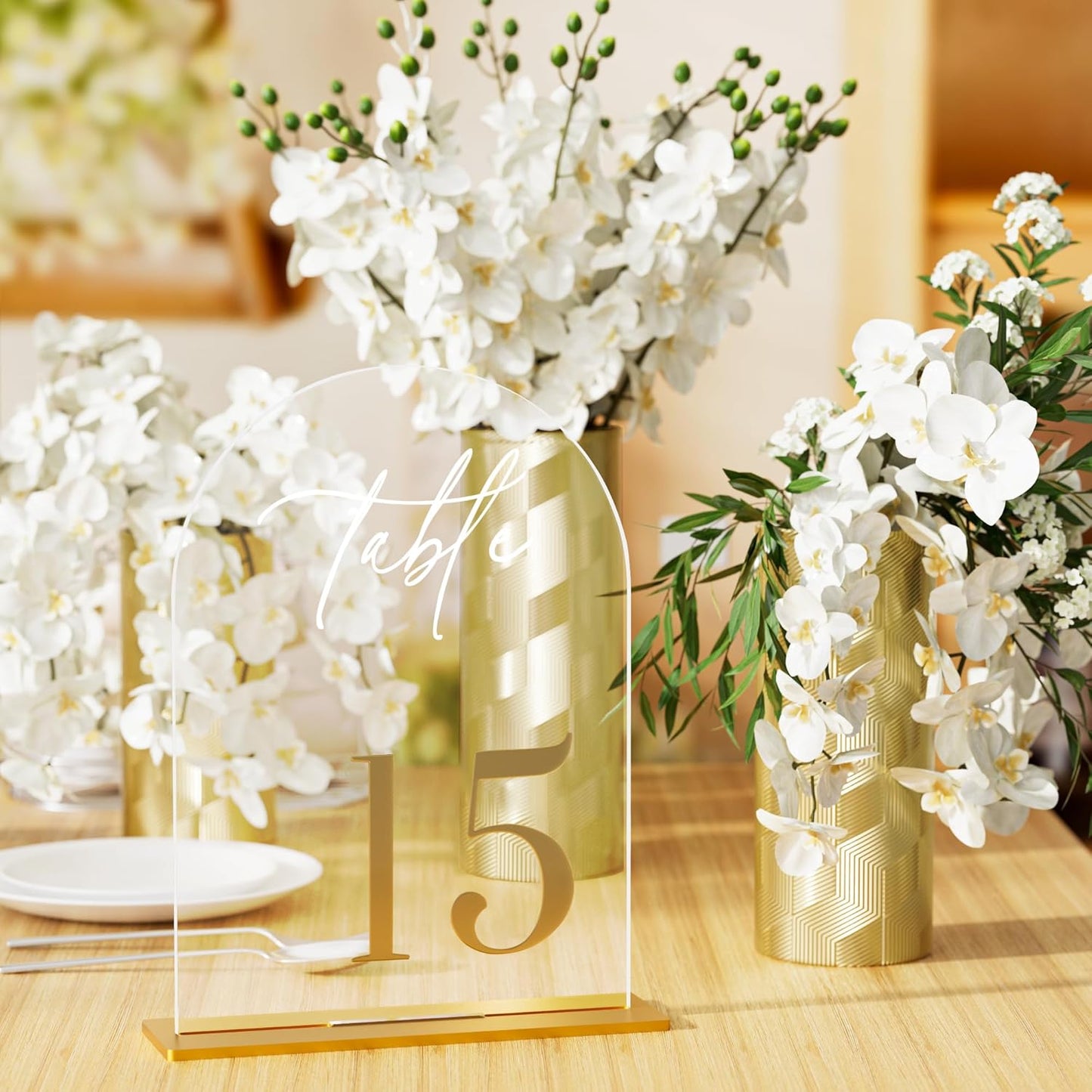 Arch Wedding Table Numbers 1-15 with Stands, Elegant Gold Number 5.5 x 7” Arch Acrylic Signs with Holder, Clear Acrylic Table Numbers for Wedding Reception, Anniversary, Party, Events