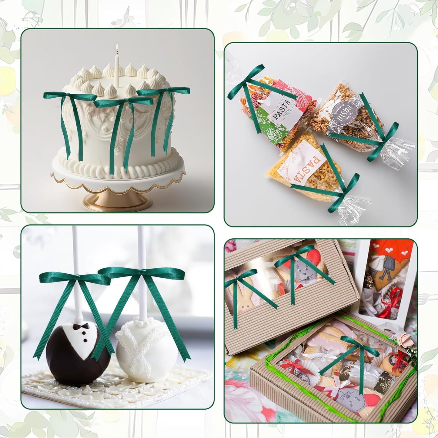 Riceshoot 100 Pcs Twist Tie Bows Bulk 5x7 Inch Satin Ribbon Bows for Gift Wrapping Cake Treat Bags Craft DIY Gift Wedding Baby Shower Birthday Party (Green)