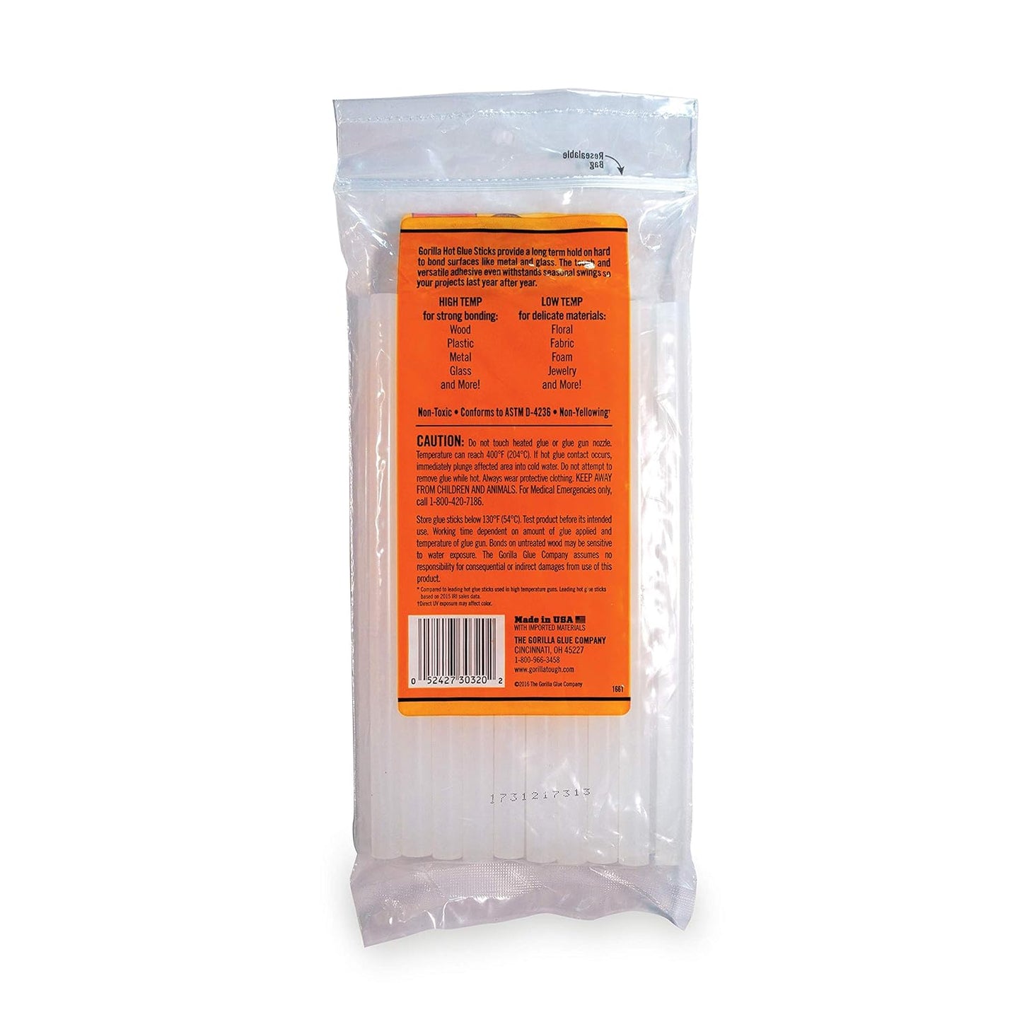 Gorilla Hot Glue Sticks, Clear Glue, Full Size 8" Long x 0.43" Diameter, 20 Count (Pack of 1) - Safe for All Temperatures with Extended Working Time