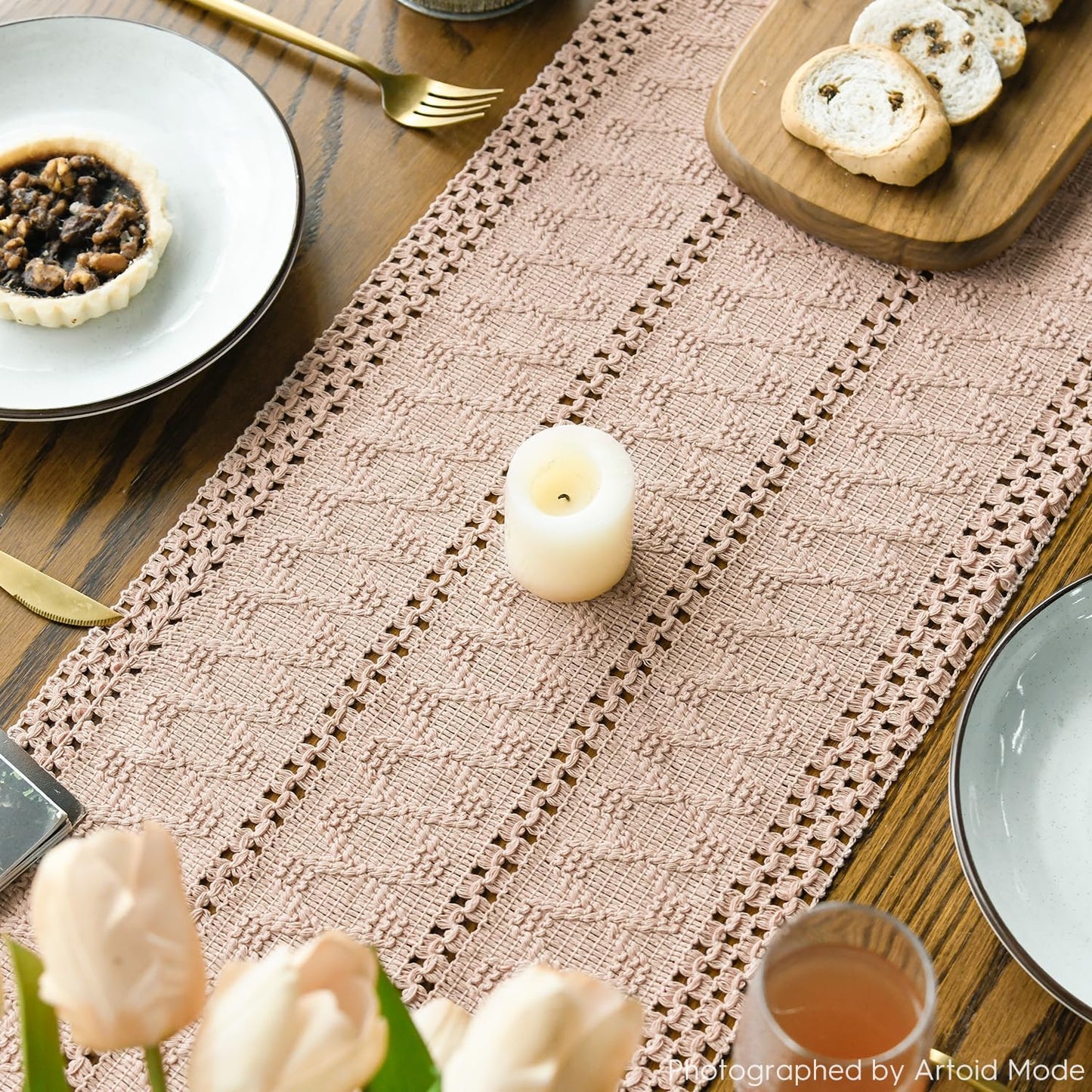 Artoid Mode Pink Farmhouse Woven Rustic Hollow Table Runner, Seasonal Holiday Hollow Kitchen Dining Table Decoration for Home Party Decor 12x90 Inch