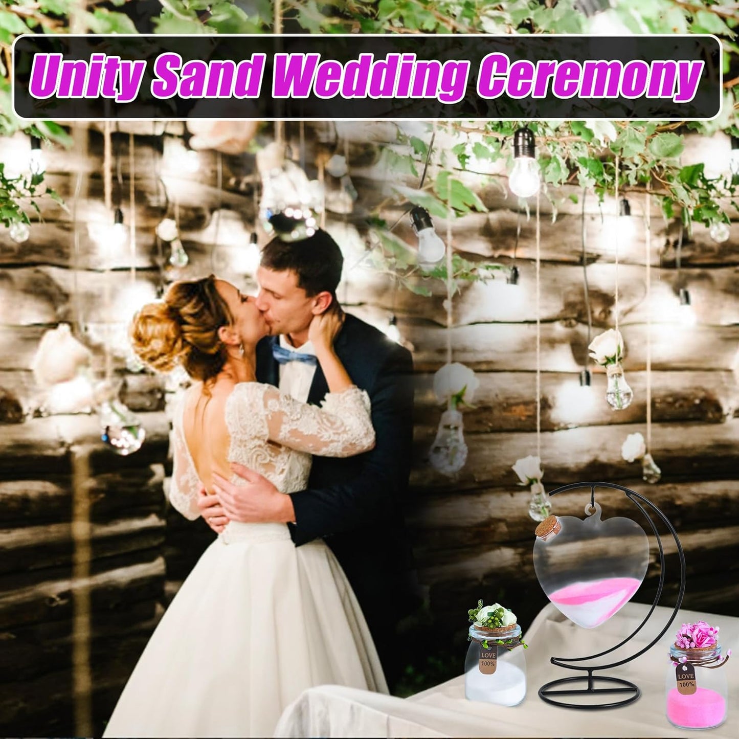 Mqiielle Wedding Unity Sand Ceremony Kit Include Moon Stand Love Bottle Cork 2 Ceremonial Vases with Flower Garlands Wedding Sand for Weddings Bridal Parties Valentine's Day