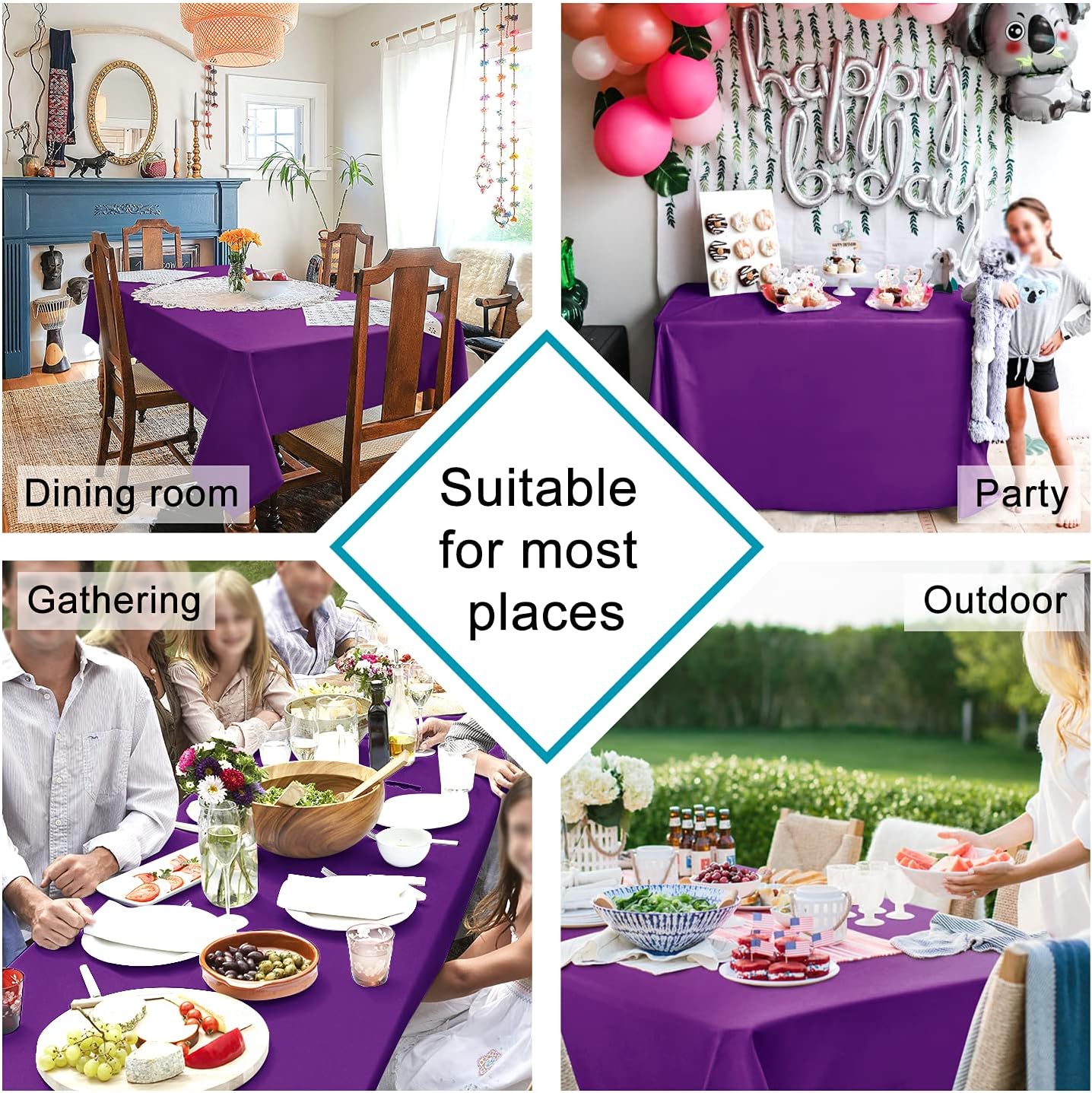 Hiasan Waterproof Tablecloth Rectangle - Washable Fabric Table Cloth for Dining Room Kitchen Birthday Party and Outdoor Use, Royal Purple, 70 x 90 Inch