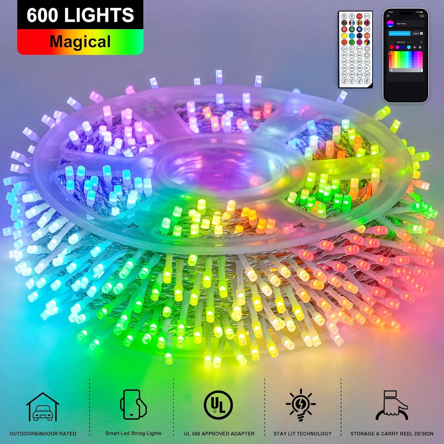 JMEXSUSS 600 LED RGB String Light Outdoor Indoor, Christmas Lights Outdoor Clear Wire Christmas Lights Plug in for Bedroom Tree Room Party Birthday Decorations