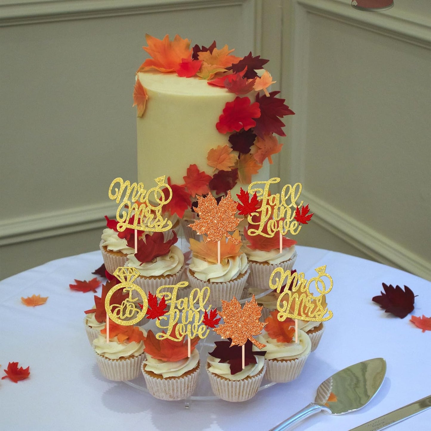 24 PCS Fall in Love Cupcake Toppers Glitter Maple Leaf Cupcake Picks Mr & Mrs Diamond I Do Cupcake Decorations for Autumn Wedding Engagement Bridal Shower Theme Party Cake Decorations Supplies