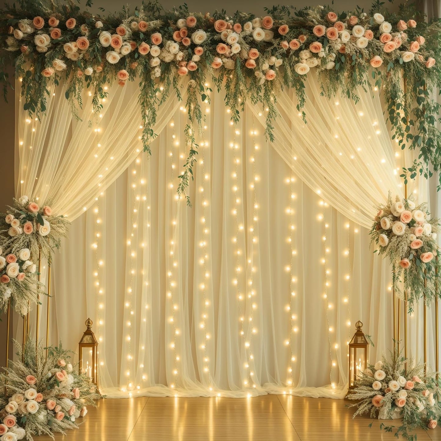 gogoparti 20x10ft Champagne Tulle Backdrop Curtains with Lights for Party Wedding Baby Shower, Sheer Wrinkle Free Backdrop Curtains for Birthday Party Photo Booth Background Decoration