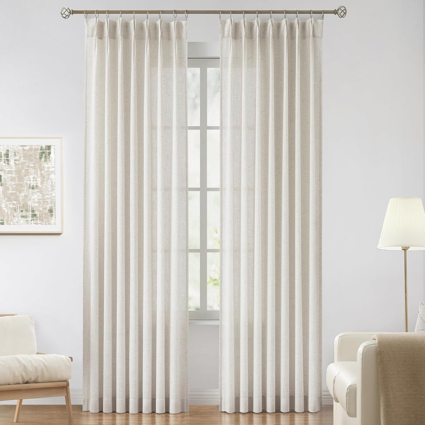 Vision Home Natural Pinch Pleated Semi Sheer Curtains Textured Linen Blended Light Filtering Window Curtains 112 inch for Living Room Bedroom Pinch Pleat Drapes with Hooks 2 Panels 42" Wx112 L