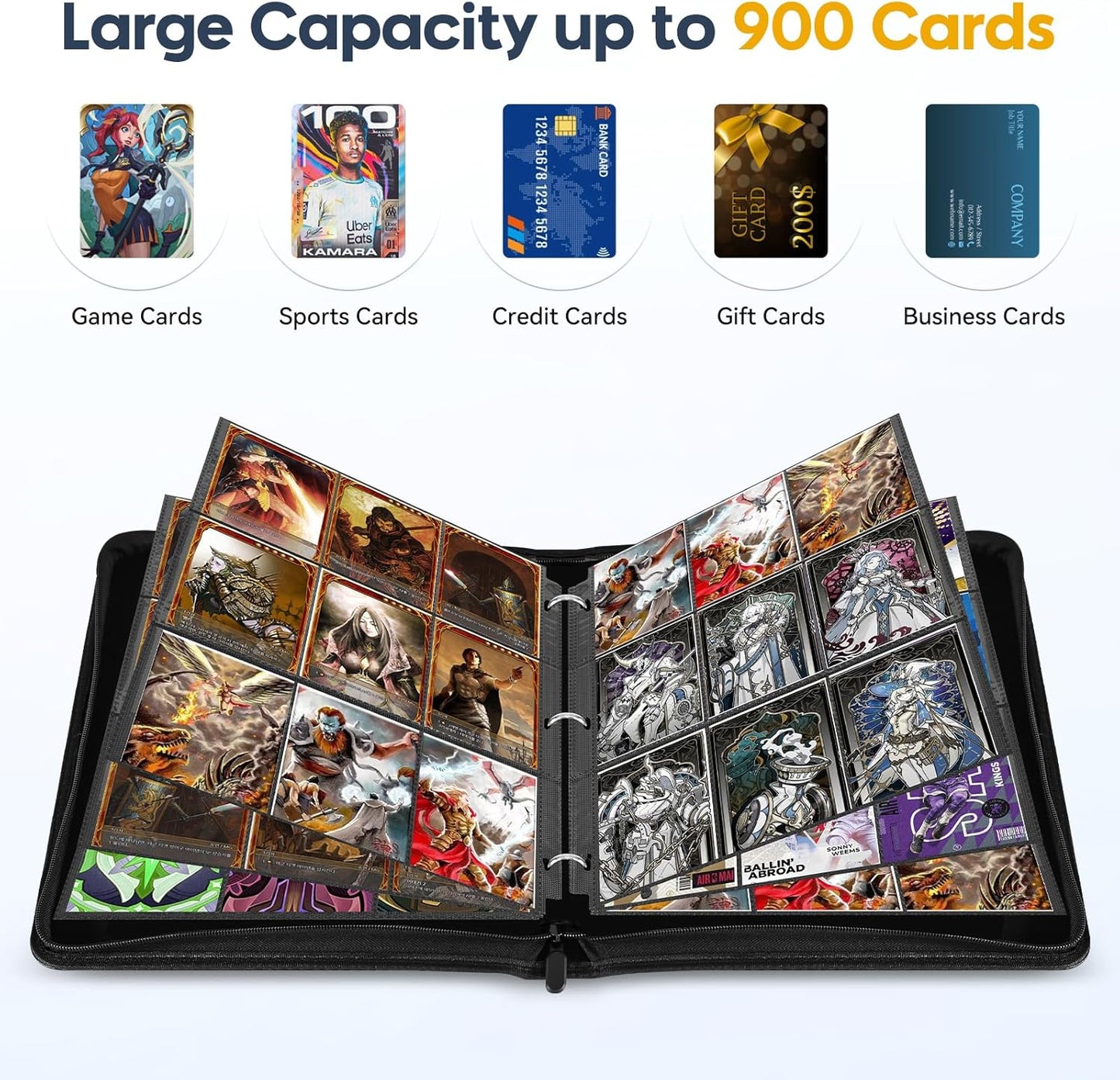 9 Pocket Card Binder, 900 Double Sided Pockets, PU Collection Binder for MTG, TCG, Sports Cards, Black (Black)
