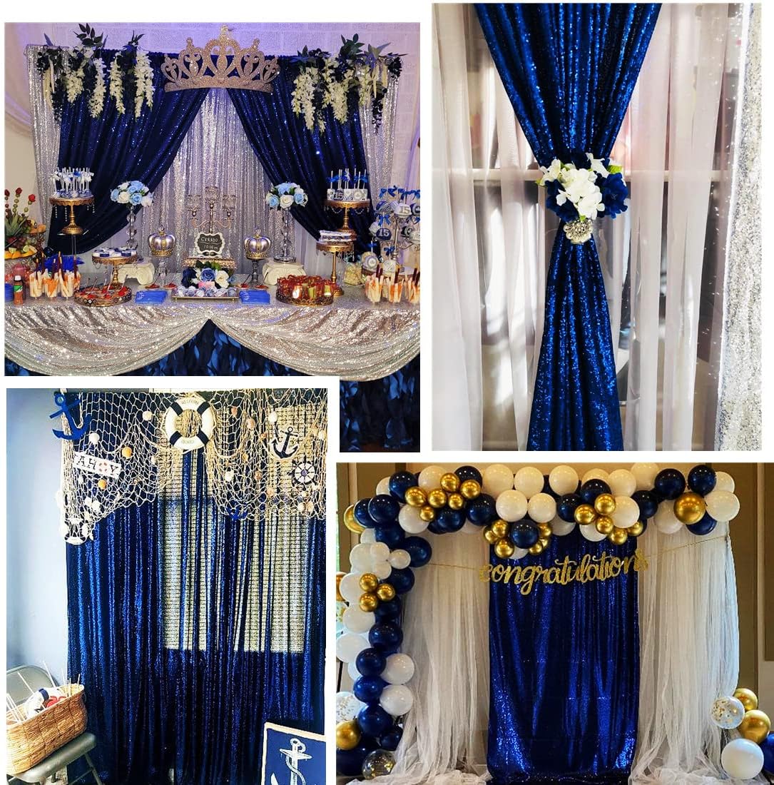 Poise3EHome 2ft x 8ft Blue Sequin Photography Backdrop Curtains 2 Panels for Party Decoration, Navy Blue
