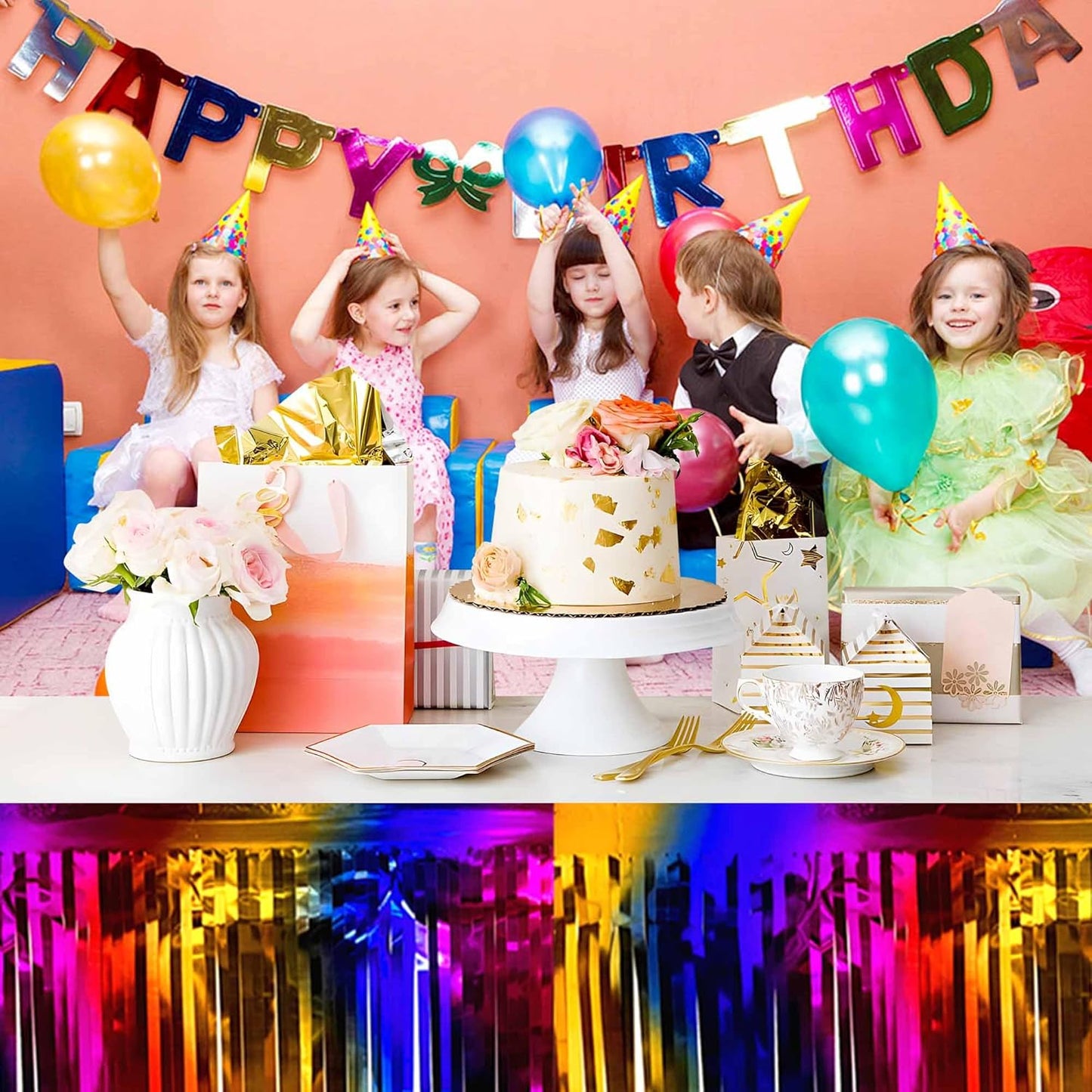 3 Pack 29 x108 Inch Rainbow Foil Fringe Table Skirts Metallic Banner for Tinsel Streamer Garland Backdrop for Parade Floats Mother's Day, Graduate, Birthday, Wedding Party Decoration