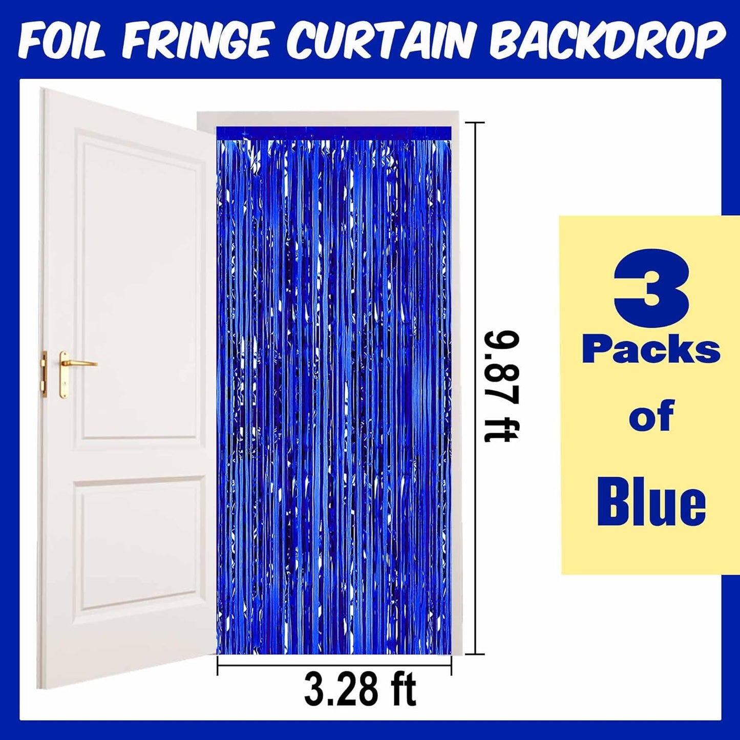 3 Pack Blue Foil Fringe Curtains Backdrop, 3.28 x 9.8 Ft Metallic Streamers Tinsel Curtains Background for Photo Booth, Birthday, Halloween, Christmas, Thanksgiving, New Year Party Decorations