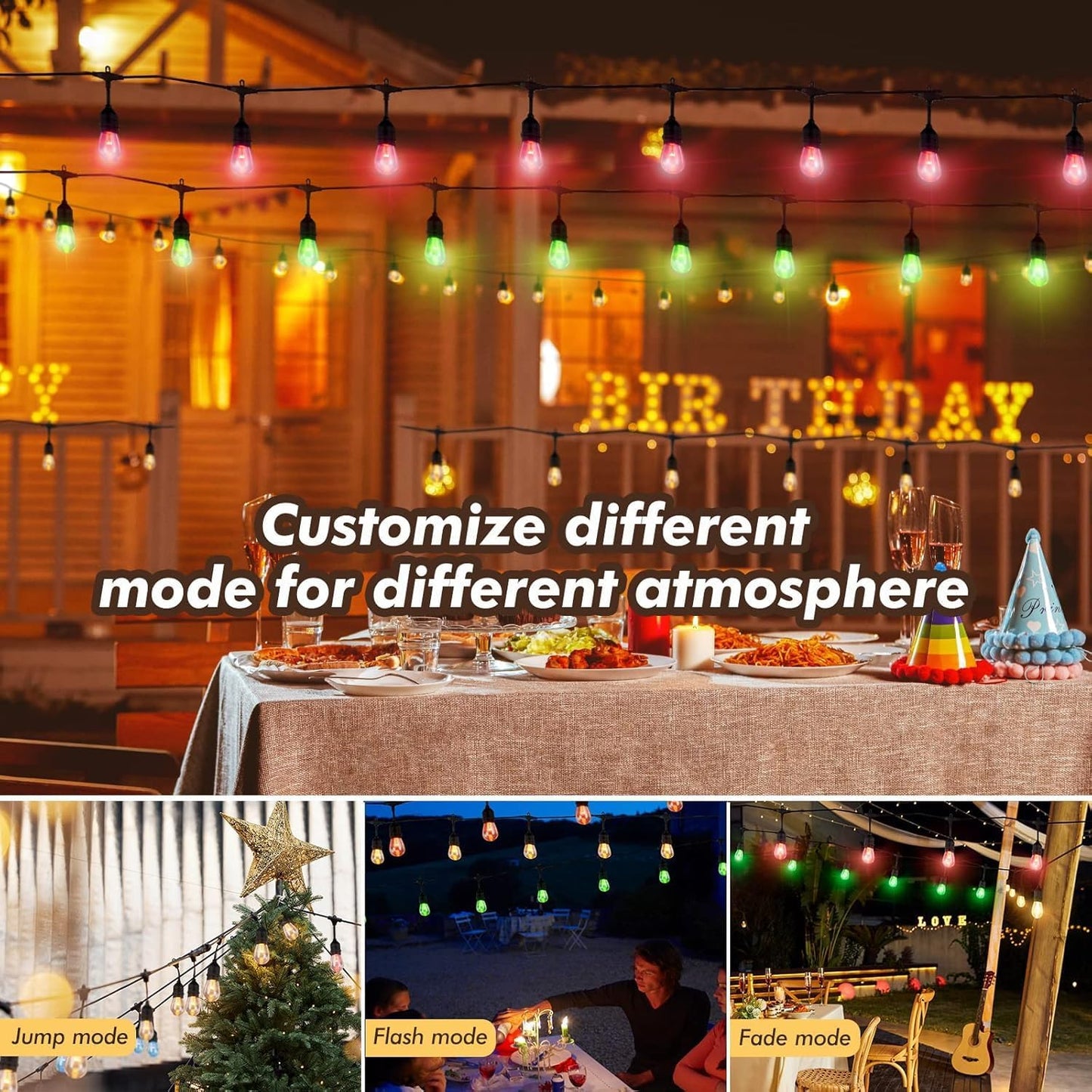 48FT Solar Outdoor String Lights, 15 Shatterproof Edison LED Bulbs, Dimmable RGB Color Changing Patio Lights with 8 Modes & Remote, Waterproof Commercial Grade for Garden, Yard, Party