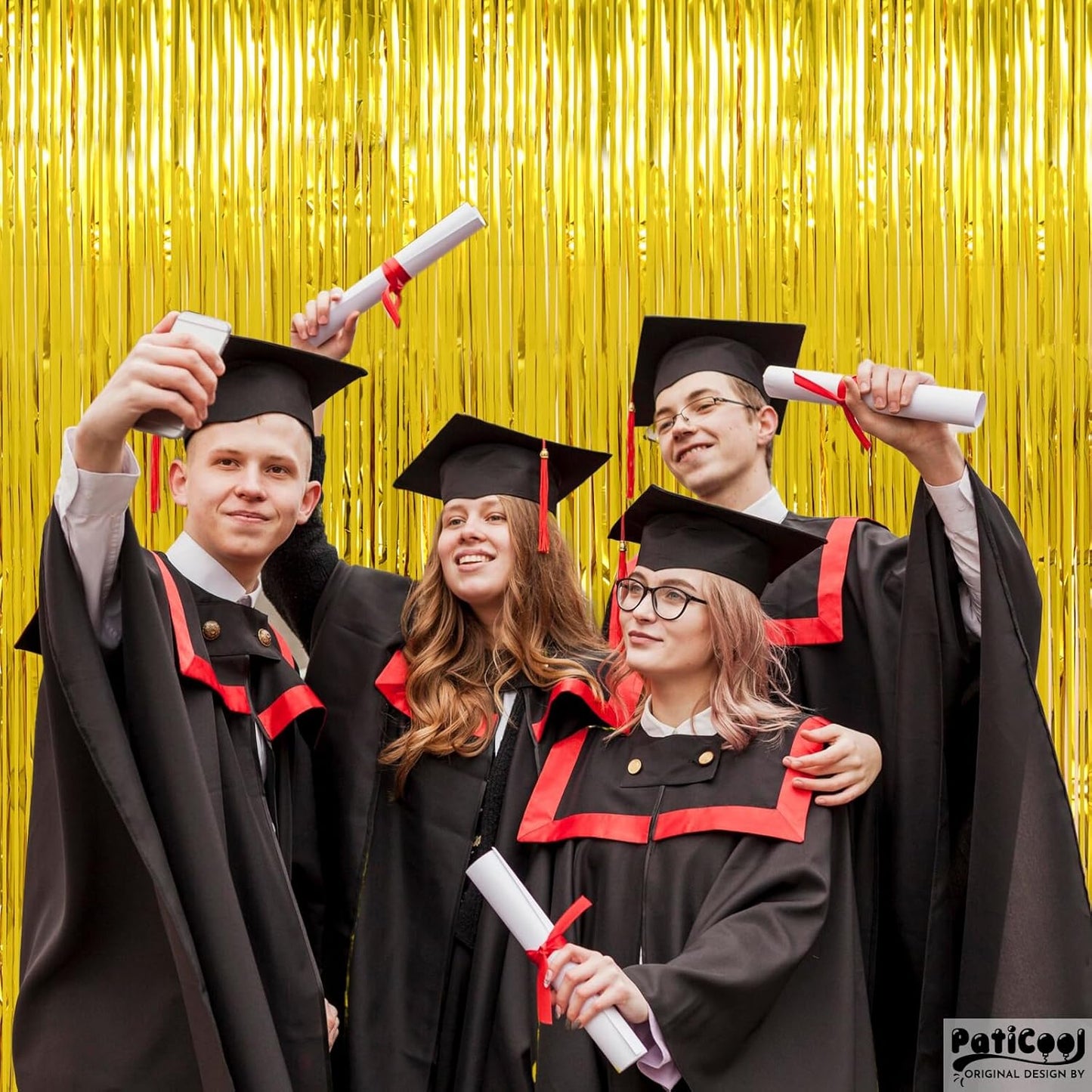 Gold Streamers Graduation Decorations - Thicken 4 Pack 3.2 x 8.2 FT - Golden Tinsel Foil Fringe Backdrop Curtains Party Backdrop for Birthday, Prom, Hollywood, Anniversary Party Decorations