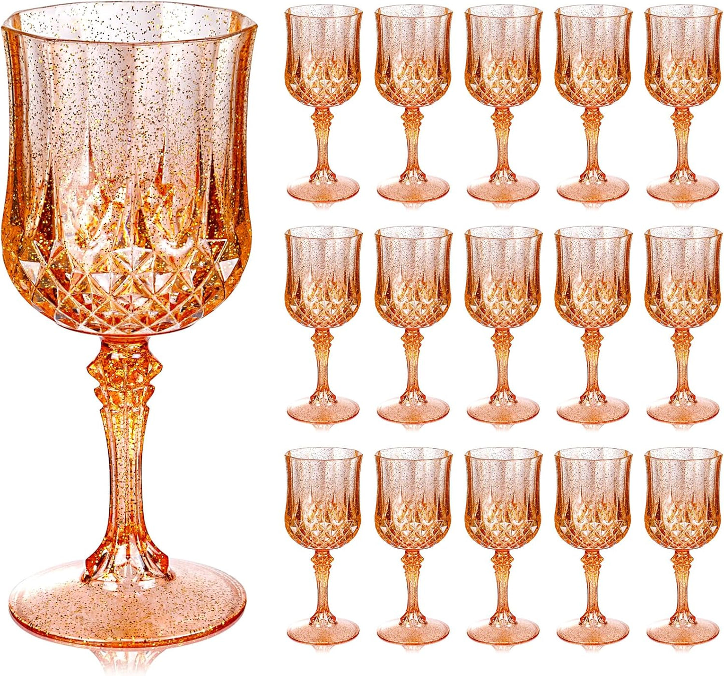 Ciaell 24PCS Rose Gold with Glitter Plastic Wine Glasses - 7 Oz Vintage Drinking Glasses with Rose Gold Glitter - Disposable Water Goblets Set for Party Wedding, Bar, Wine, Beer & Thanksgiving