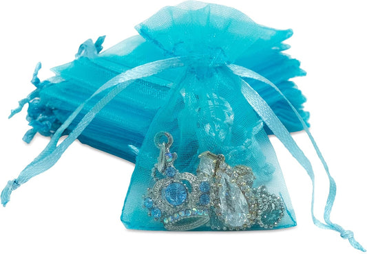 TheDisplayGuys 100-Pack XS 2" x 2 3/4" Turquoise Blue Sheer Organza Gift Bags with Drawstring, Jewelry Candy Treat Wedding Party Favors Mesh Pouch