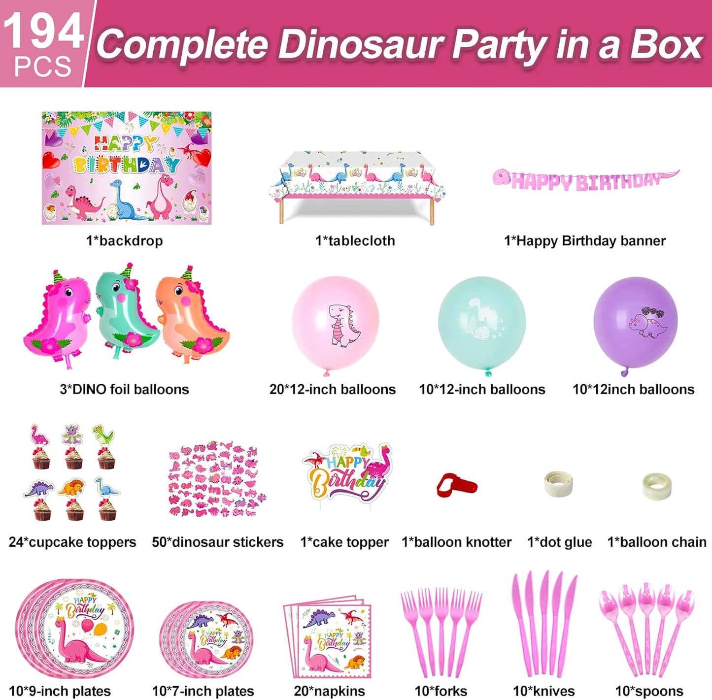 194 PCS Pink Dinosaur Party Decorations for Girls, Dinosaur Birthday Party Supplies Includes Dino Balloons, Backdrop, Happy Birthday Banner, Tablecloth, Plates, Napkins, Cake Toppers