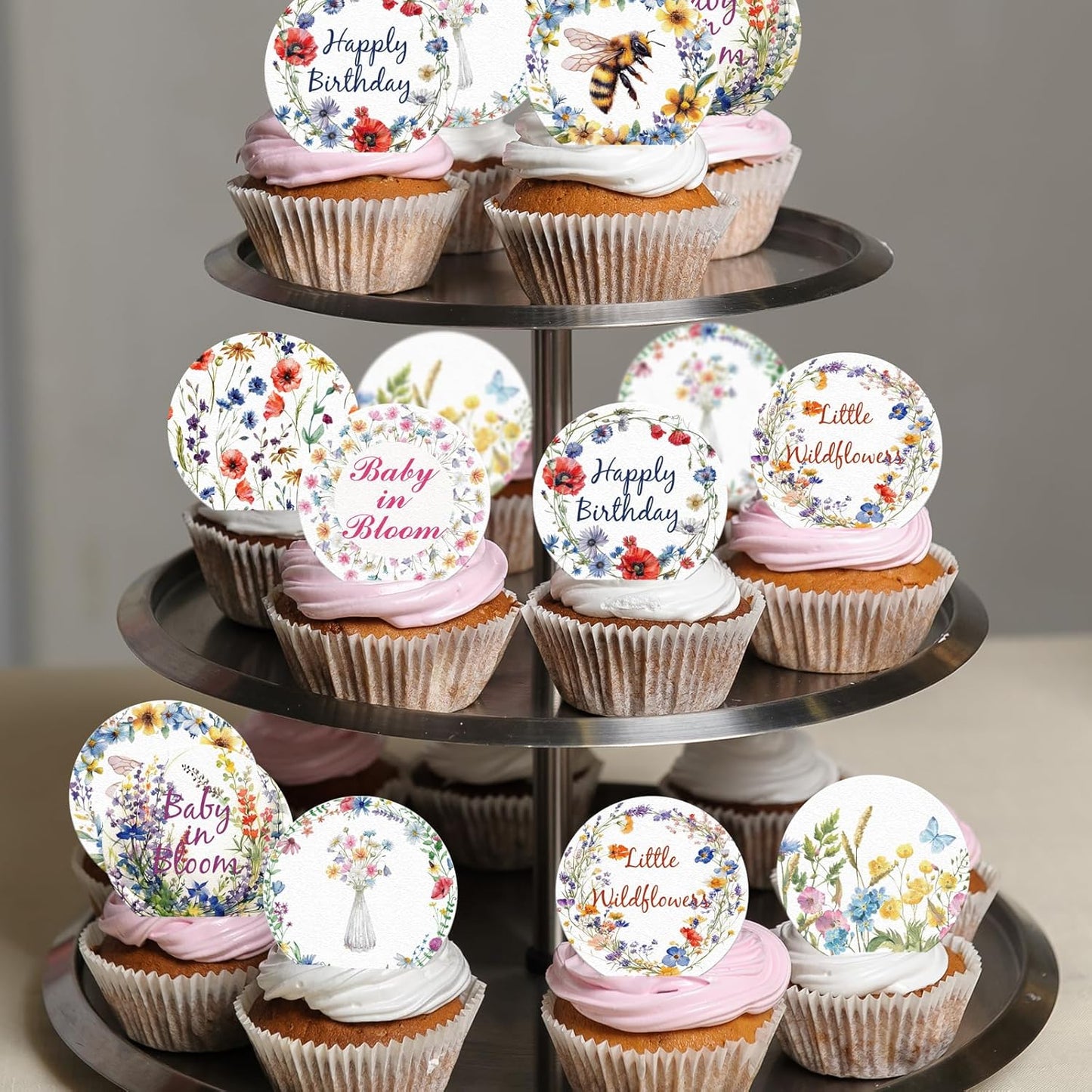 36PCS Edible Wildflower Cupcake Toppers Wafer Paper Baby in Bloom Baby Shower Decorations Flower Birthday Party Decorations Wildflower Cake Toppers for Birthday Party Supplies (Round)