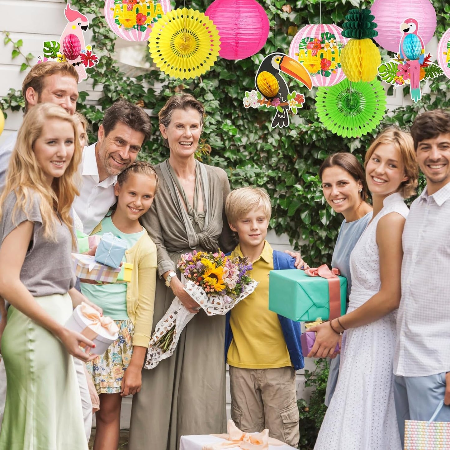 Luau Party Decorations, Aloha Paper Lanterns Tropical Parrot Birds Tissue Paper Fans Pineapple Honeycomb Decorations for Beach Pool Flamingo Moana Birthday Party Supplies