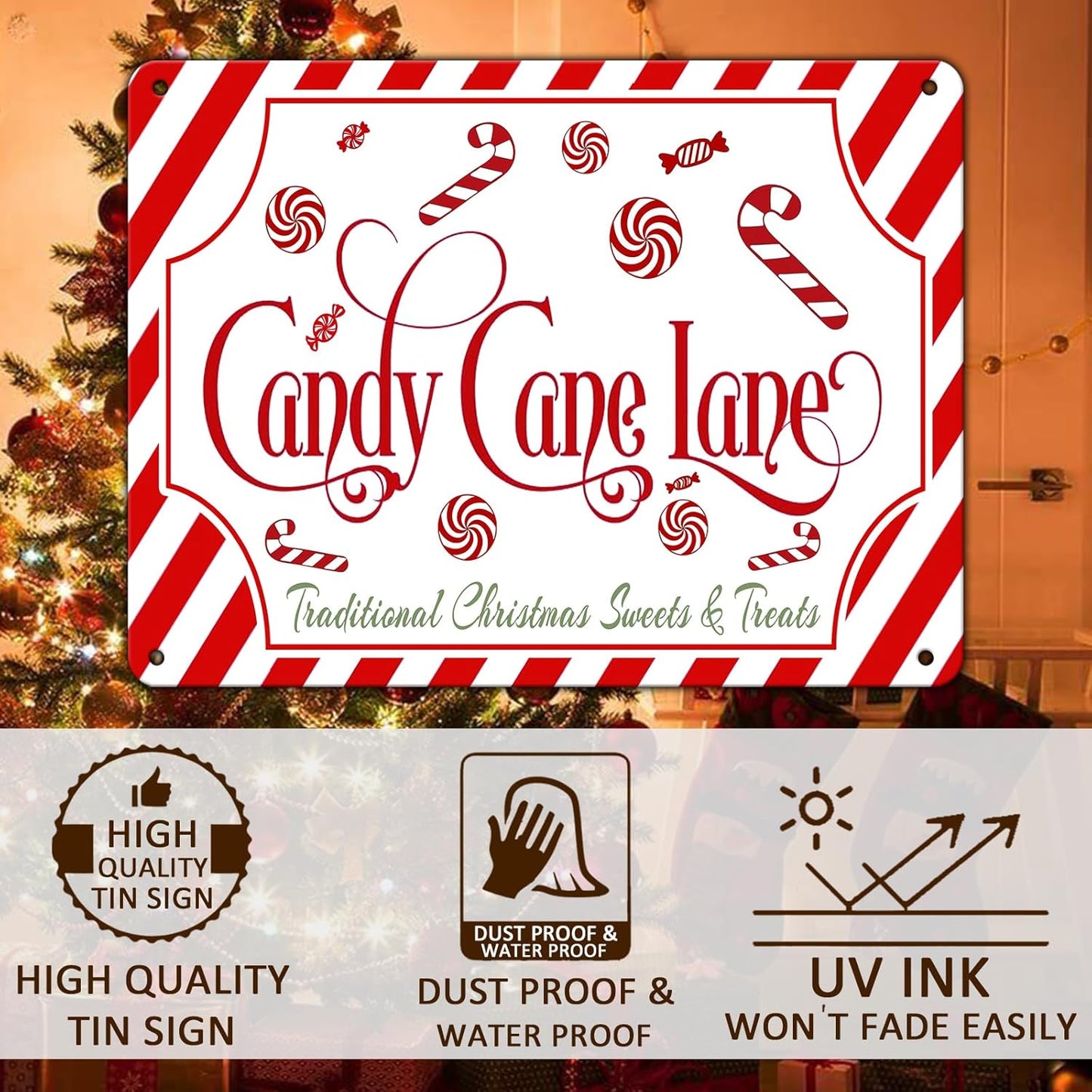Christmas Candy Cane Lane Metal Tin Sign Traditional Christmas Sweets and Treats Winter Sign for Home Living Room Outdoor or Indoor Wall Decor Gift Christmas Candy Cane Lollipop 12x16Inch