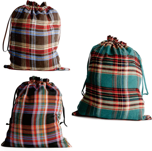 Meseey Large Christmas Gift Bags with Drawstrings Red Green Buffalo Plaid Reusable Sacks Bags Brown Black Gingham Pouch Bag for Thanksgiving Party Gift Wrapping(3 color, 15x20 Inch)