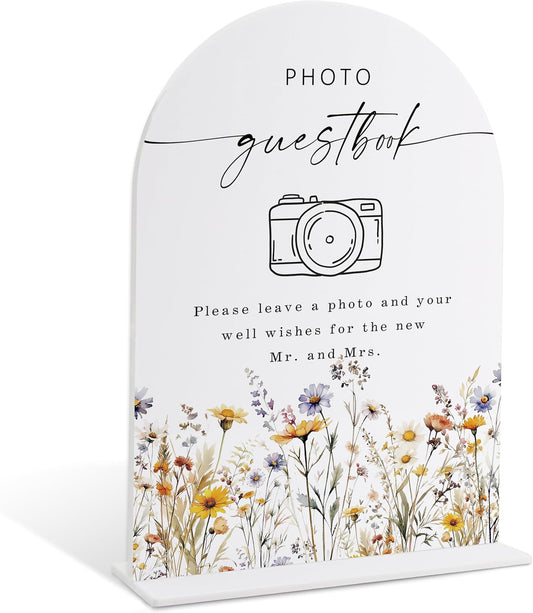 Wedding Signs for Ceremony and Reception, Boho Floral Acrylic Photo Guestbook Sign, Wedding Signage with Stand, Bridal Shower Table Centerpieces, Supplies for Engagement Reception Event Party, 27