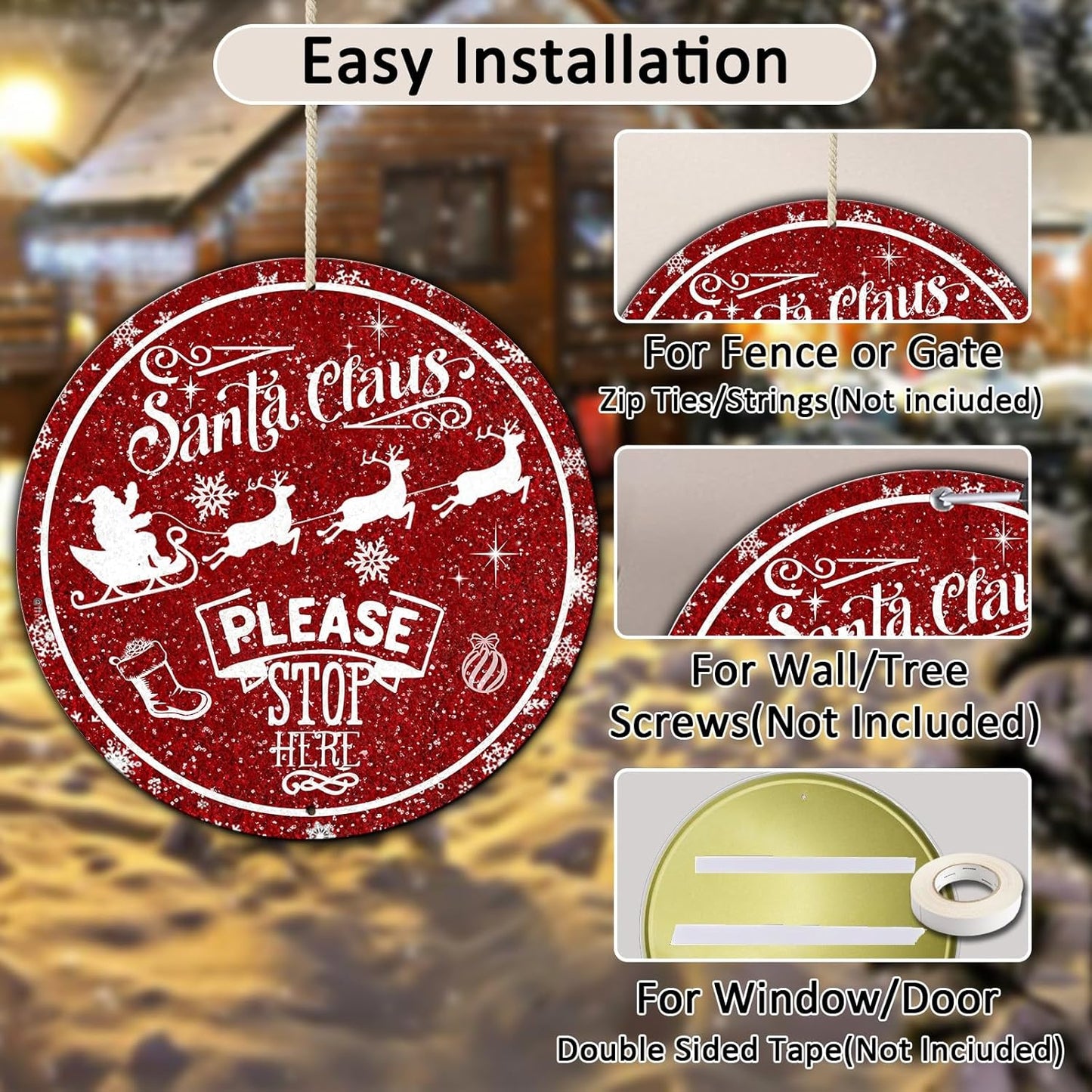 Round Metal Tin Sign - Santa Sleigh Reindeer Vintage Sign - Santa Claus Please Stop Here Sign for Christmas Living Room Bedroom Coffee Bar - 12 * 12 in