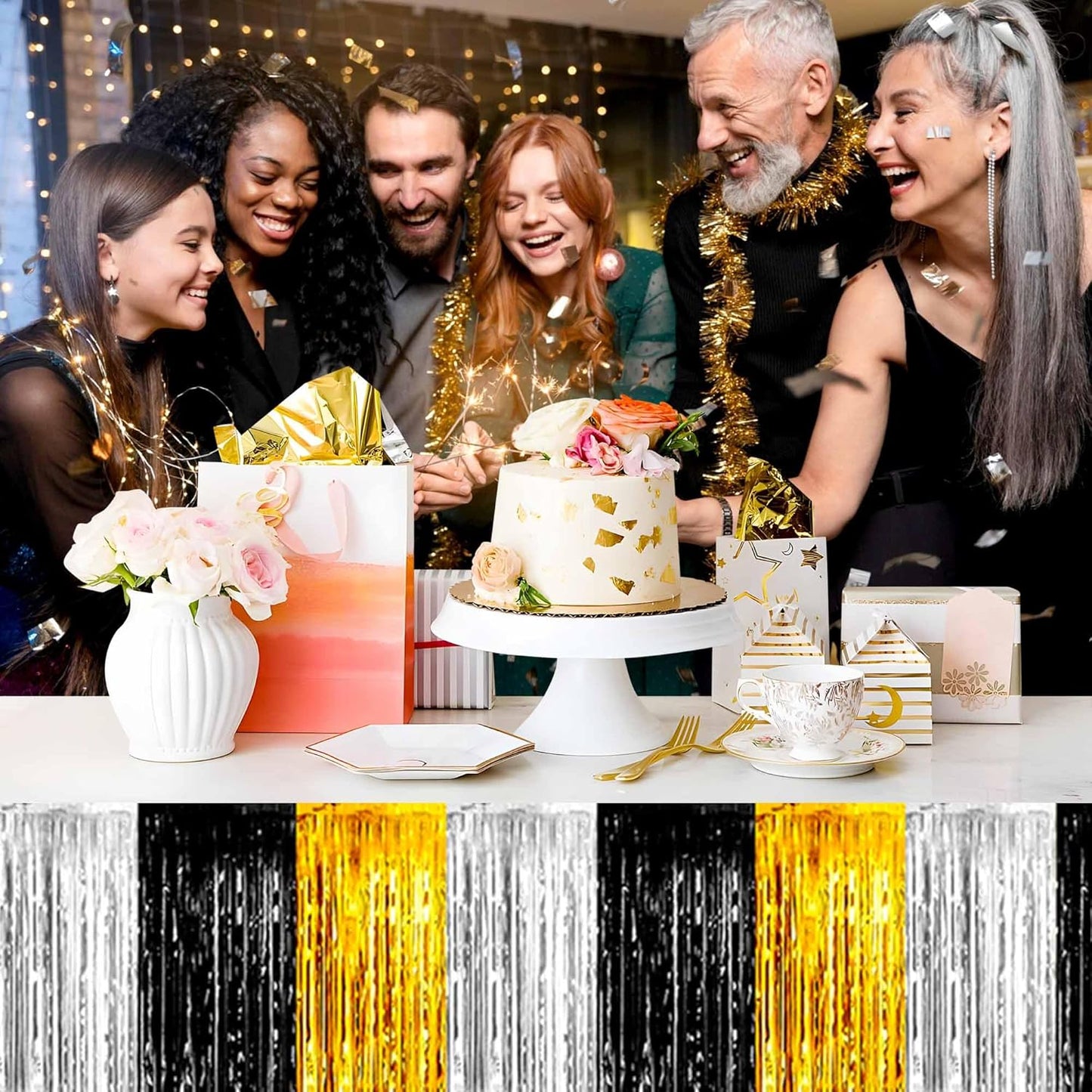 3 Pack 29 x108 Inch Black and Gold Foil Fringe Table Skirts Metallic Banner for Tinsel Streamer Garland Backdrop for Parade Floats Mother's Day, Graduate, Birthday, Wedding Party Decoration