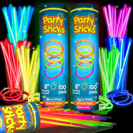 PartySticks Ultra Bright Glow Sticks Bulk Party Supplies 200 Pack - 8" Glow in the Dark Light Up Halloween Party Favors, Glow Decorations, Neon Party Necklaces and Bracelets with Connectors