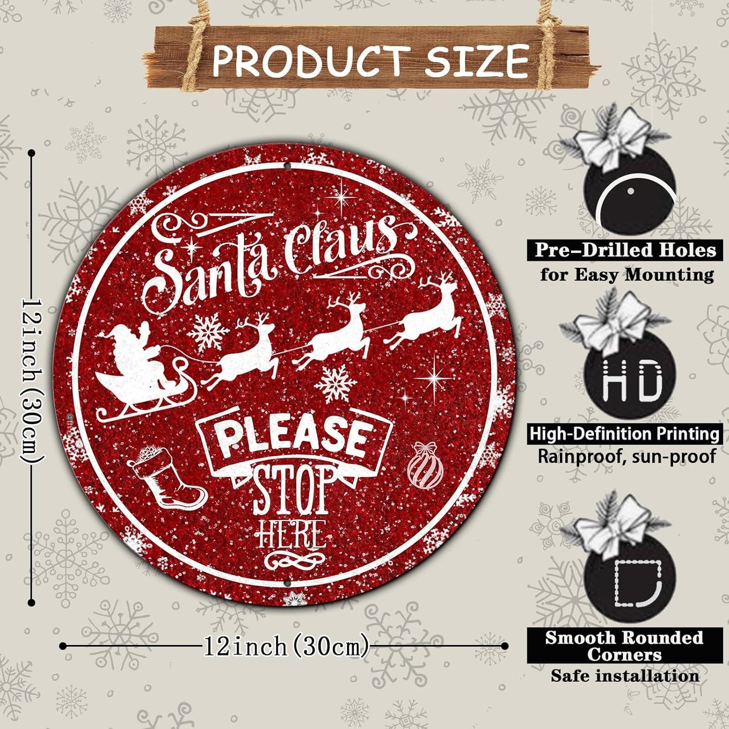 Round Metal Tin Sign - Santa Sleigh Reindeer Vintage Sign - Santa Claus Please Stop Here Sign for Christmas Living Room Bedroom Coffee Bar - 12 * 12 in