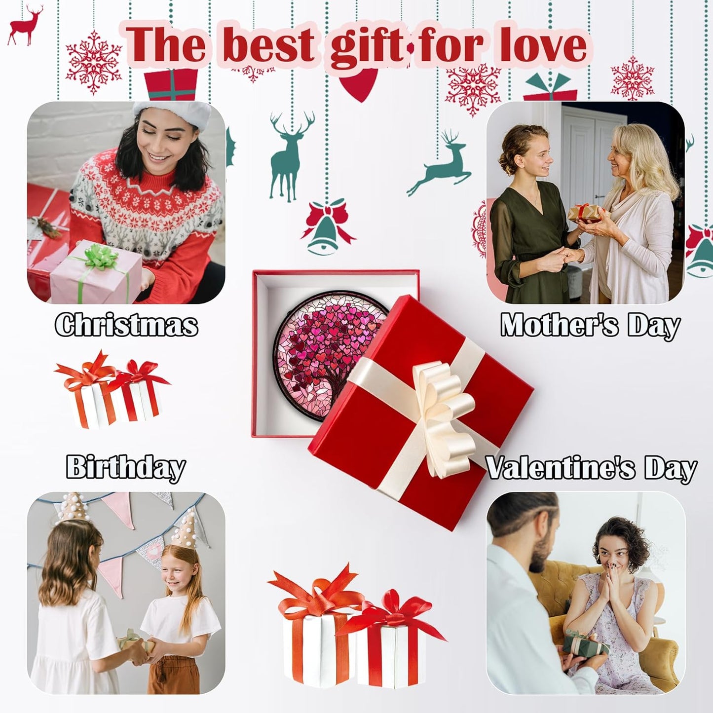 Stained Glass Window Hanging - DASTOLL, Birthday Gifts for Women Men Mom Dad, Pink Love Tree Suncatcher for Doors Window Home Sun Catchers Decor 7.8 in