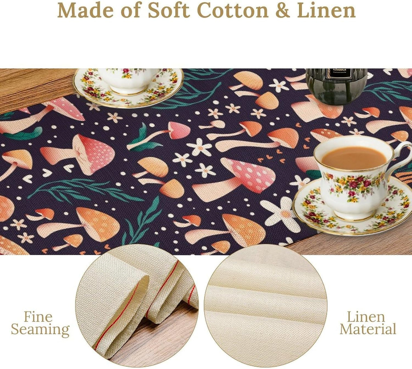 Mushroom Table Runner,Retro Forest Plant Table Cloth Farmhouse Kitchen Dining Table Decoration for Home Party Decor 13x72 Inch