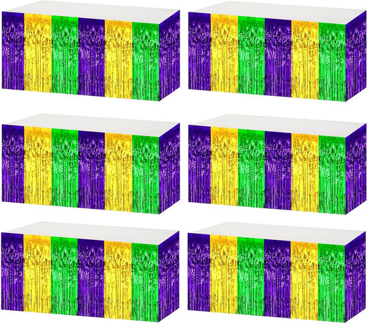 6 Pack 29x108 Inch Mardi Gras Metallic Foil Fringe Tinsel Table Skirts for Rectangle Tables Streamer Backdrop for Wedding, Birthday, Parade Floats, Carnival Party Decoration Gold Green Purple