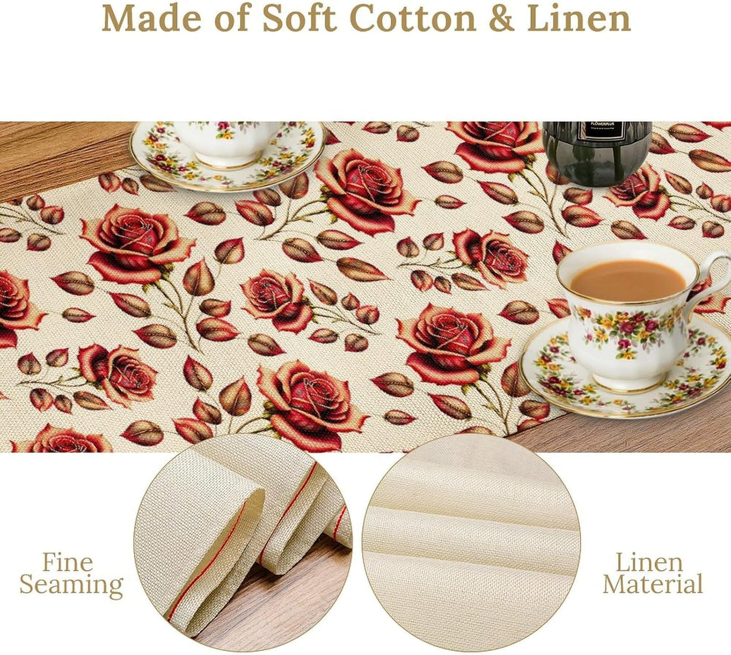 Retro Rose Table Runner, Romantic Love Elegant Plant Red Golden Flower Print Table Runner for Kitchen Dinning Table Runner Decor Home Wedding Party Holiday, 13x90 Inch