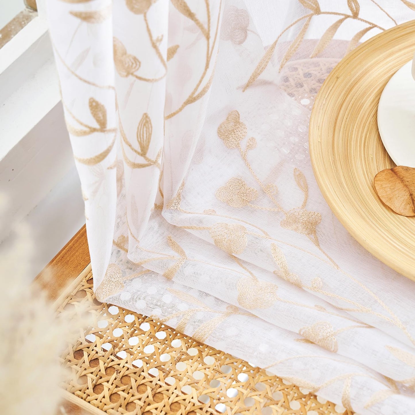 Sheer Curtains White-Beige 95 Inches, Embroidery Floral Pattern Window Treatments Rod Pocket Drapes for Living room, Bedroom, Semi Voile Curtain Panels for Patio, Villa, Parlor, Set of 2, 52"x 95".