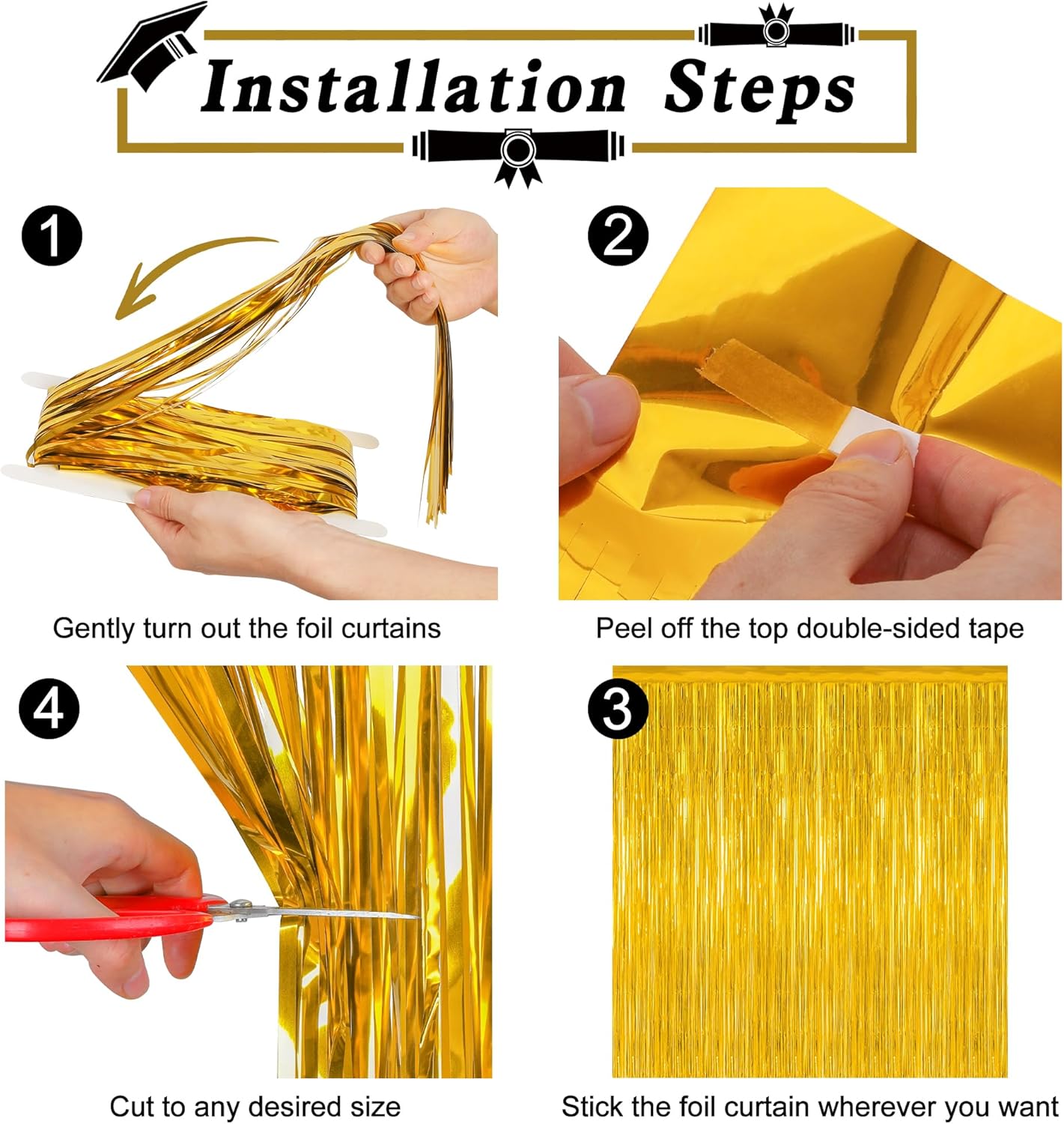 8 Pack 2025 Graduation Party Decorations, 3.28 FT x 7.05 FT Gold Backdrop, Metallic Graduation Photo Backdrop Grad Foil Curtains Party Streamer, Class of 2025 Decorations Grad Decor