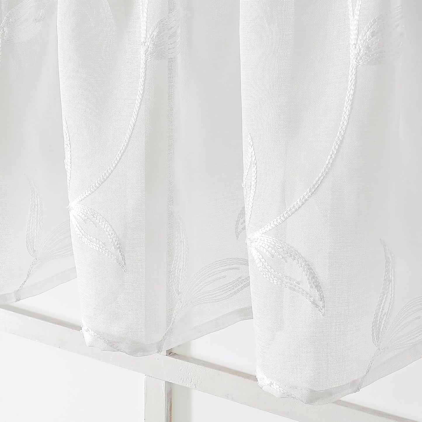 VISIONTEX White Sheer Voile Curtains, Decorative Leaves Embroidery Faux Linen Rod Pocket Window Drapes for Home Kitchen, Living Room and Bedroom 26 x 36 Inch, Set of 2 Curtain Panels