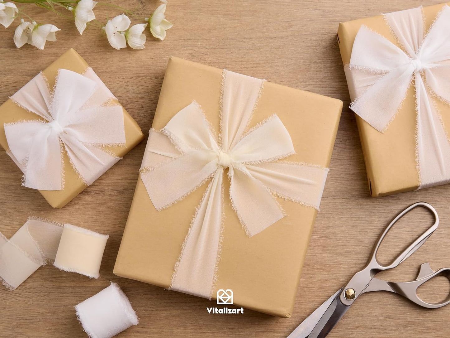 Vitalizart White Handmade Chiffon Silk Ribbon Fringe 1.5" x 21 Yd Frayed Edges Ribbons for Wedding Invitations Bridal Bouquets Gifts Wrapping Crafts Holiday Party Decorations