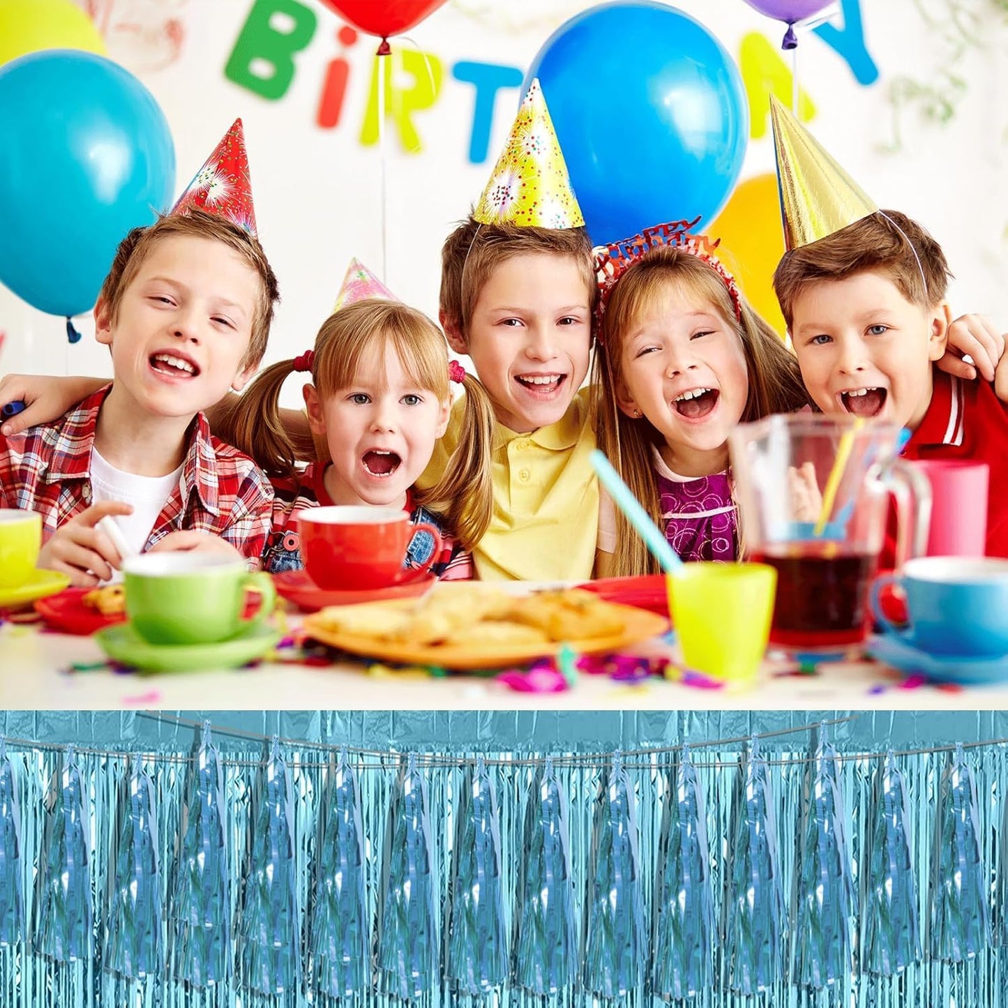 4P Light Blue Foil Fringe Metallic Streamers Banner Tassel Garland for Parade Floats, Bachelorette, Wedding, Birthday, Halloween, Christmas, Bridal/Baby Shower Party Decorations