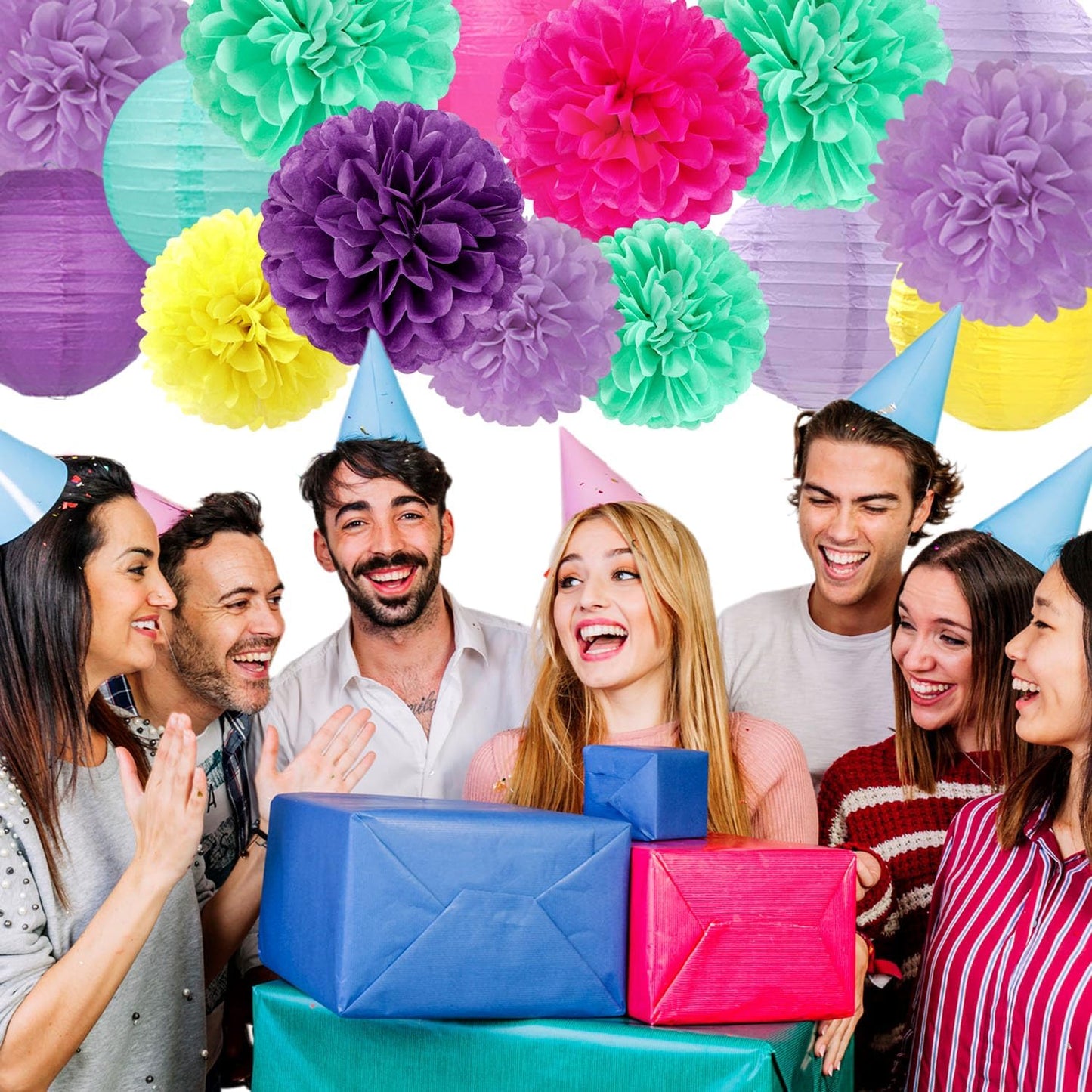Hot-Pink Purple-Teal Yellow Paper-Flowers Lanterns - 15pc Kids Magic Theme Birthday Party Decorations Tissue Pom Poms Streamers,Bachelorette Bridal Baby Shower Engagement Wedding Decor Panduola