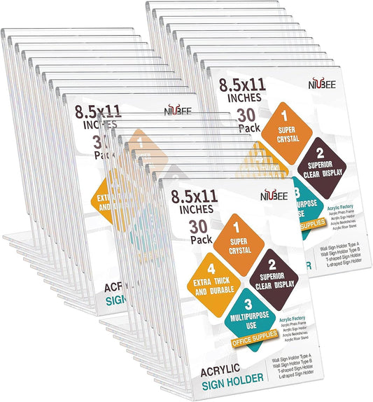 NIUBEE Acrylic Sign Holder 8.5 x 11 Inches Slanted Back, Clear Plastic Sign Holder Paper Display Table Stand for Office, Store, Restaurant (30 Pack)