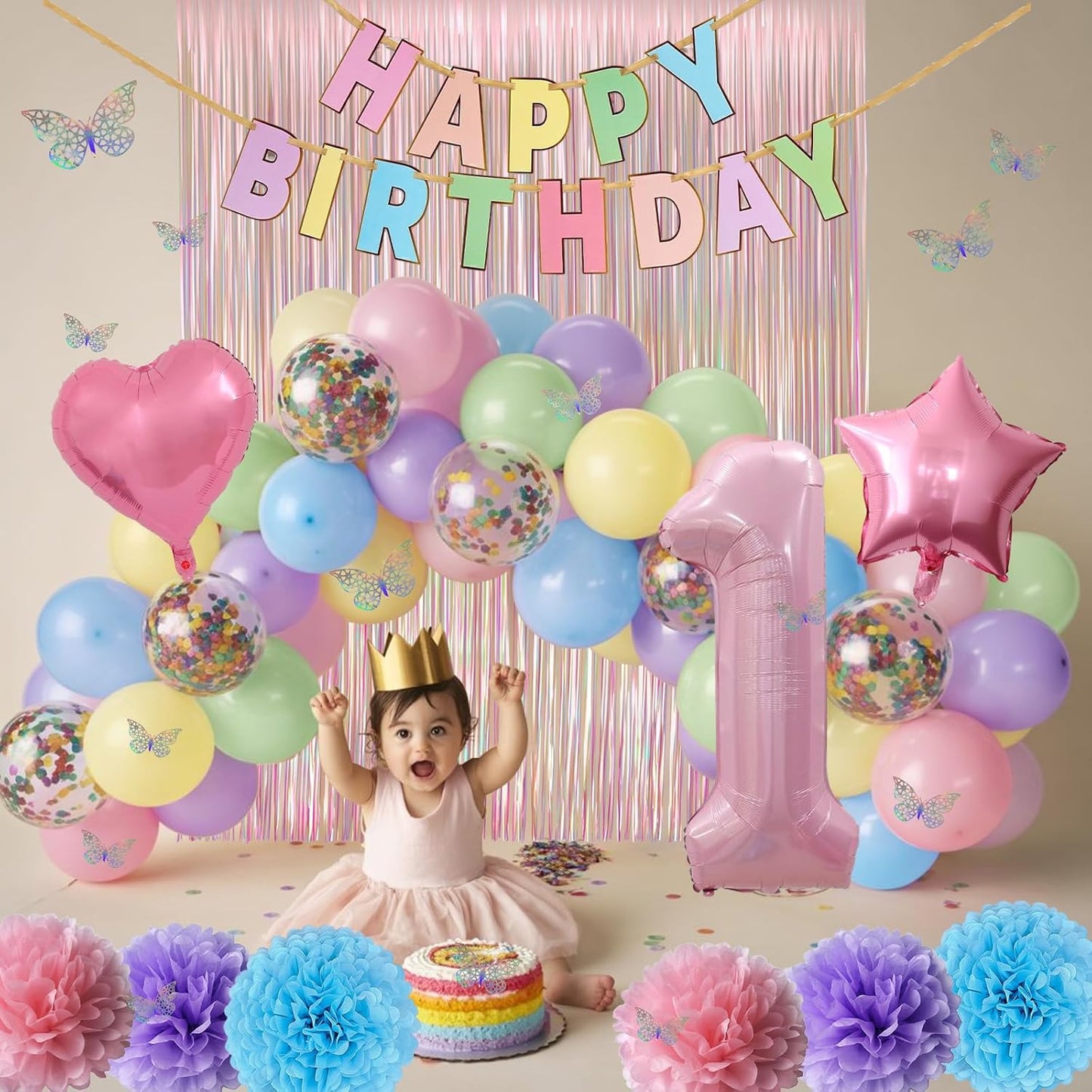 Pastel 1st Birthday Party Decorations for Girls Number 1 Balloon Happy Birthday Banner Butterfly Stickers Fringe Curtain Paper Pom Poms Macaron Pink Star Foil Colorful Balloons Baby 1 Year Old Decor
