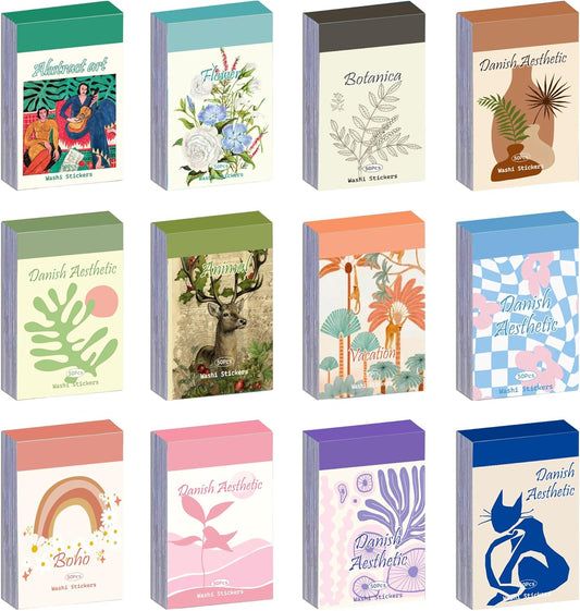 12 Sets 600 Sheets Washi Stickers for Journaling, Boho, Abstract, Vintage Scrapbook Sticker Set for Bullet Journal Art Diary Card Craft Gifts Planner Notebook