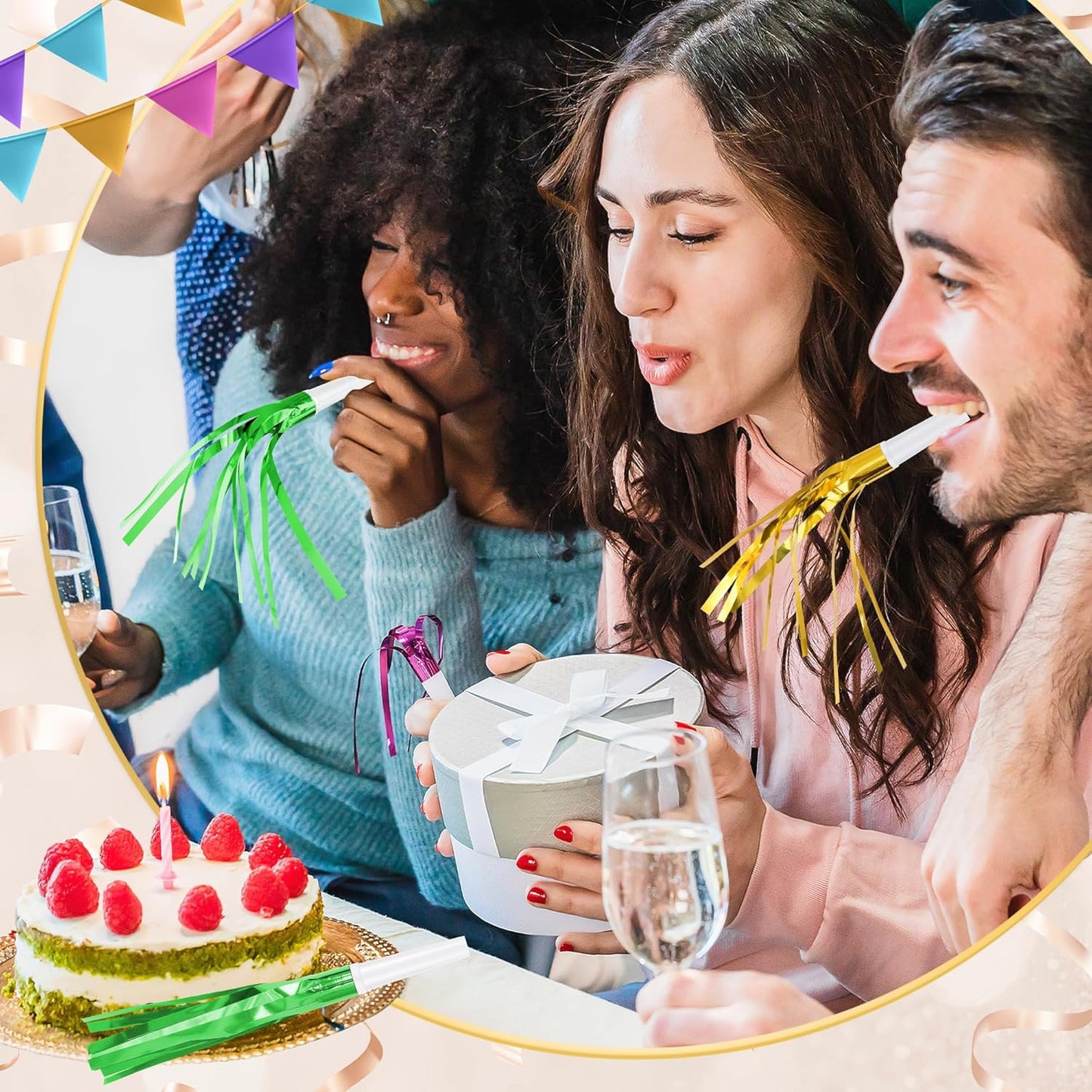 12 Pcs Glitter Noise Makers Metallic Fringed Party Blower for Adults Birthday Graduation New Years Party Favors Supplies (Green)