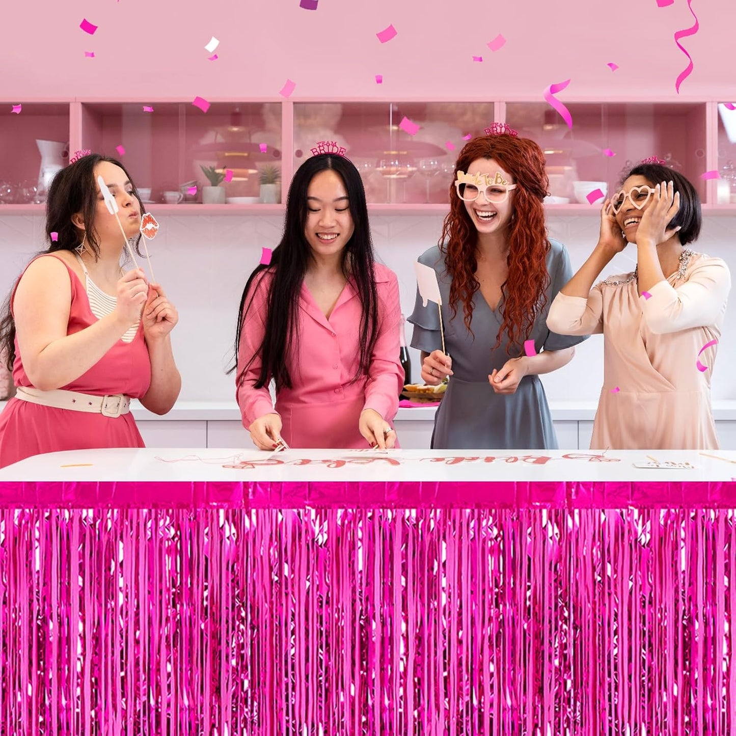 3 Pack 29 x108 Inch Rose Red Foil Fringe Table Skirts Metallic Banner for Tinsel Streamer Garland Backdrop for Parade Floats Wedding Thanksgiving Birthday Christmas Halloween New Year Party Decoration