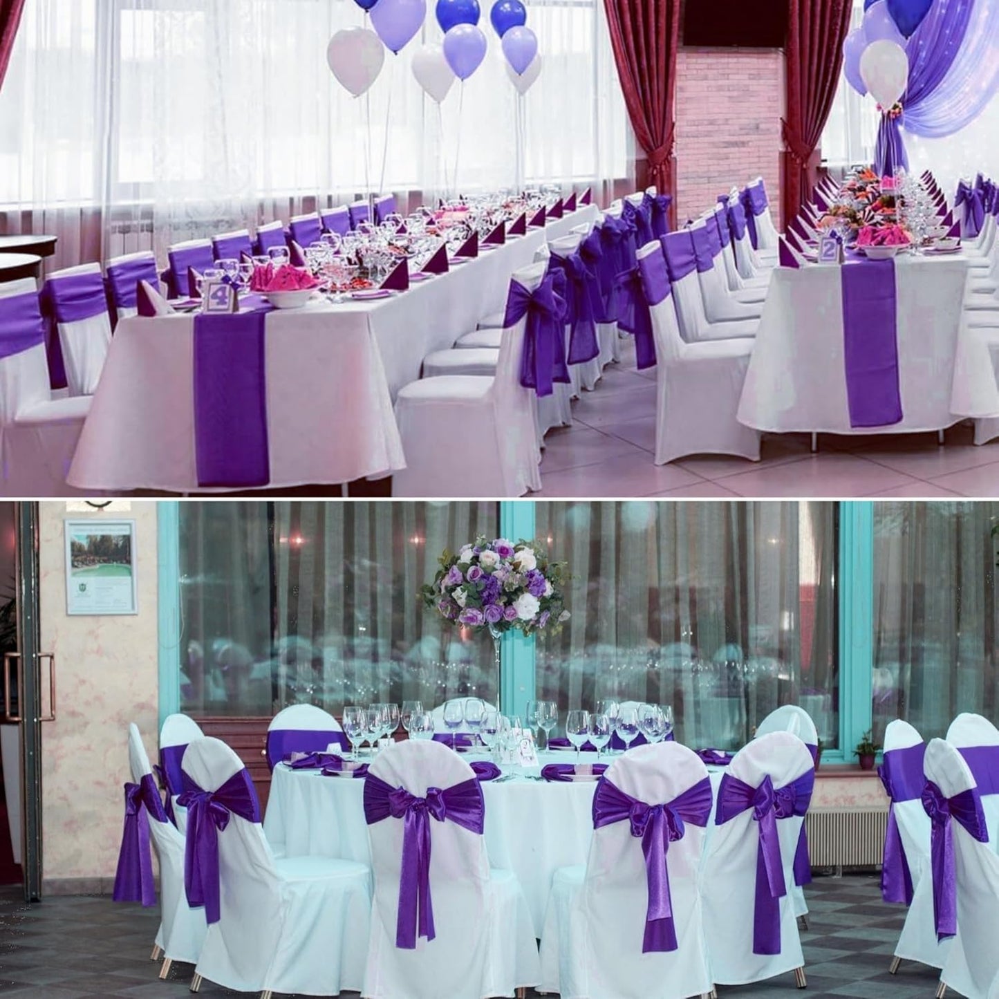 50 PCS Satin Chair Sashes Bows Decorative Universal Chair Cover Band Chair Ribbon Ties Back Sash for Wedding Party Ceremony Reception Hotel Events Birthday Banquet Restaurant Decor(7x108inch,Purple)