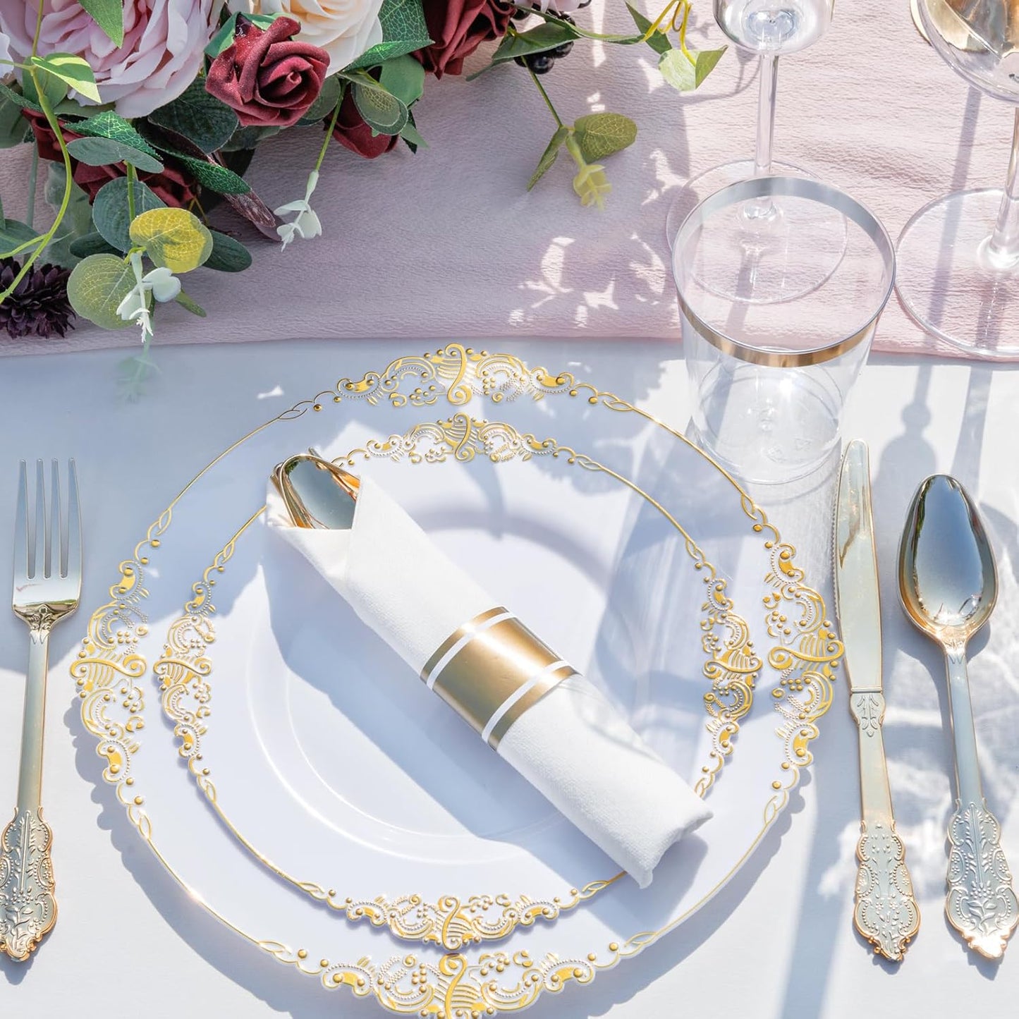 Nervure 350PCS Gold Plastic Plates - Gold Plastic Dinnerware Sets for 50 Guests - 100 Disposable Plates, 150 Silverware, 50 Cups, 50 Napkins for Wedding & Party & Thanksgiving